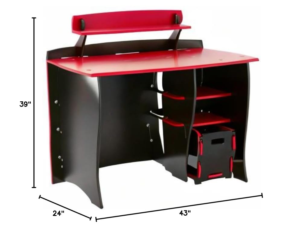 Legaré Kids Study Desk with Bookshelves & Rolling File Cart - Adjustable Height Children's Writing Table in Red/Black - Perfect for Homework, Drawing & Homeschooling Activities