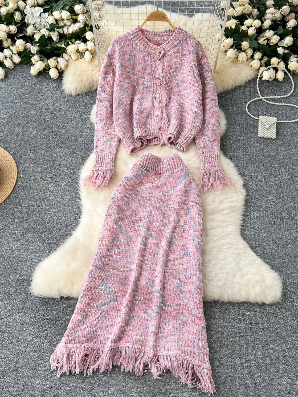 2024 New Women's Autumn Winter Sweet Colorful Elegant Long Sleeve Slim Knit Sweater & High Waist Tassel Skirt 2-Piece Set - Perfect for Office, Date Night and Holiday Parties