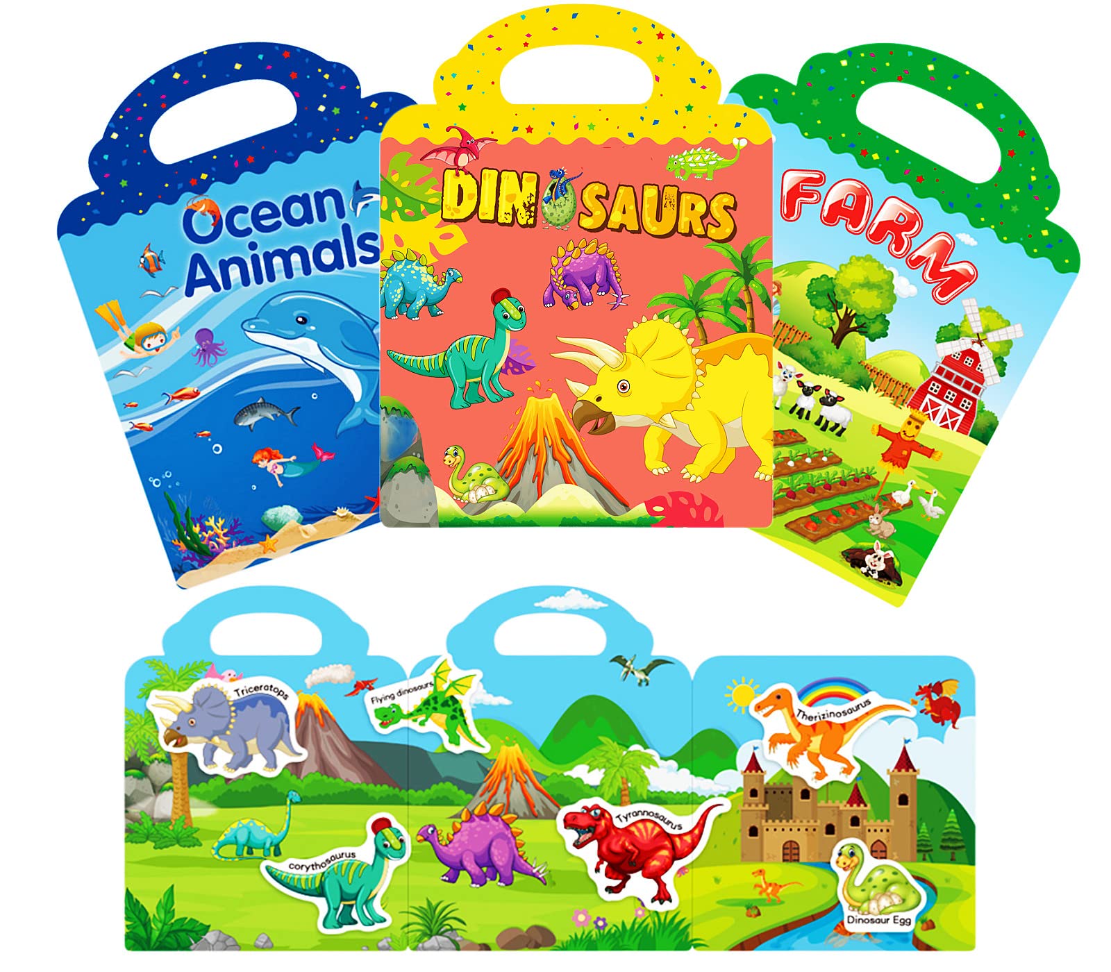 Reusable Sticker Books for Kids 2-4 - Farm, Dinosaur & Ocean Themes | Preschool Learning Toys & Birthday Gifts for Toddlers