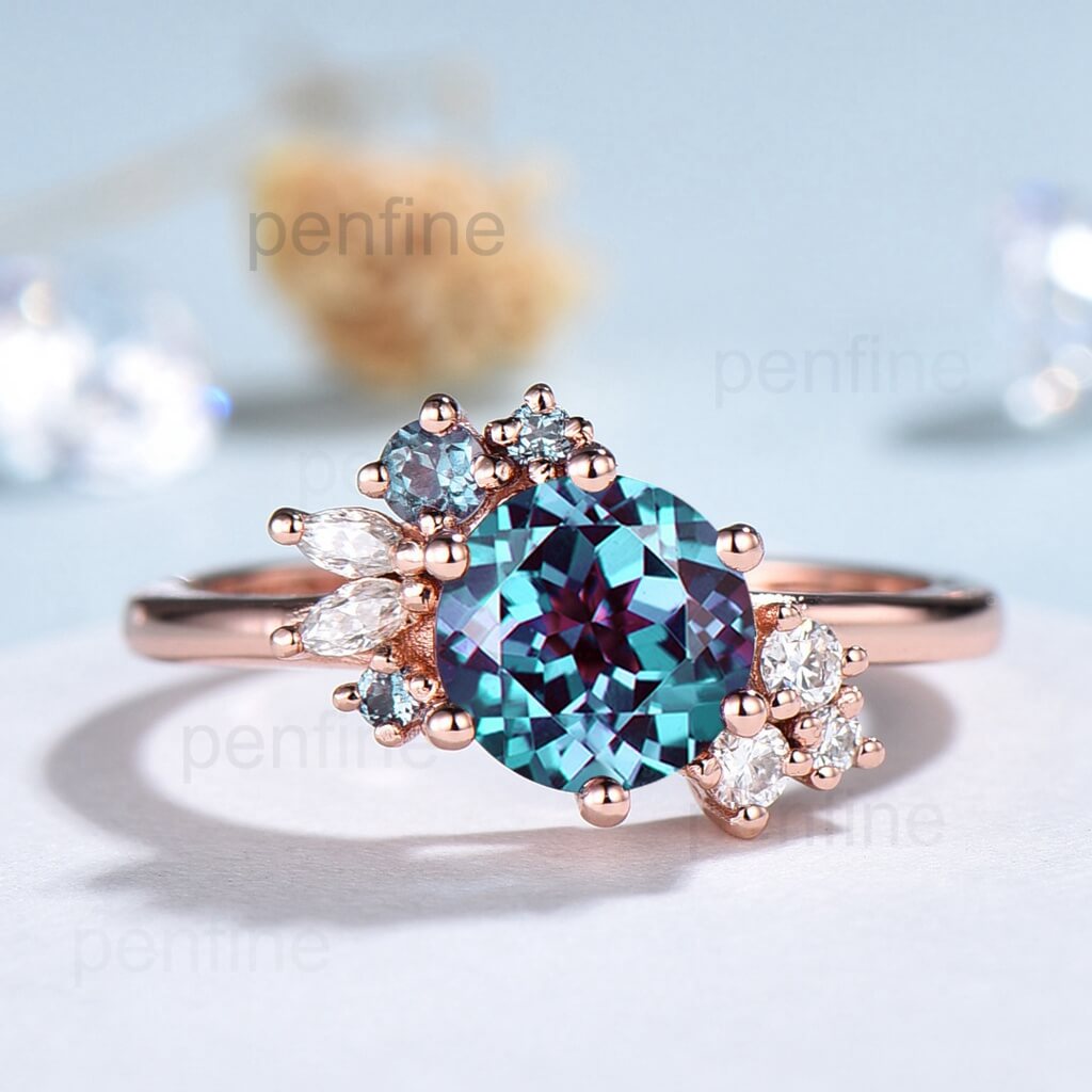 7mm Round Cut Alexandrite Engagement Ring for Women - June Birthstone, Moissanite Cluster Marquise Wedding Band - Perfect for Anniversaries, Promises & Special Occasions