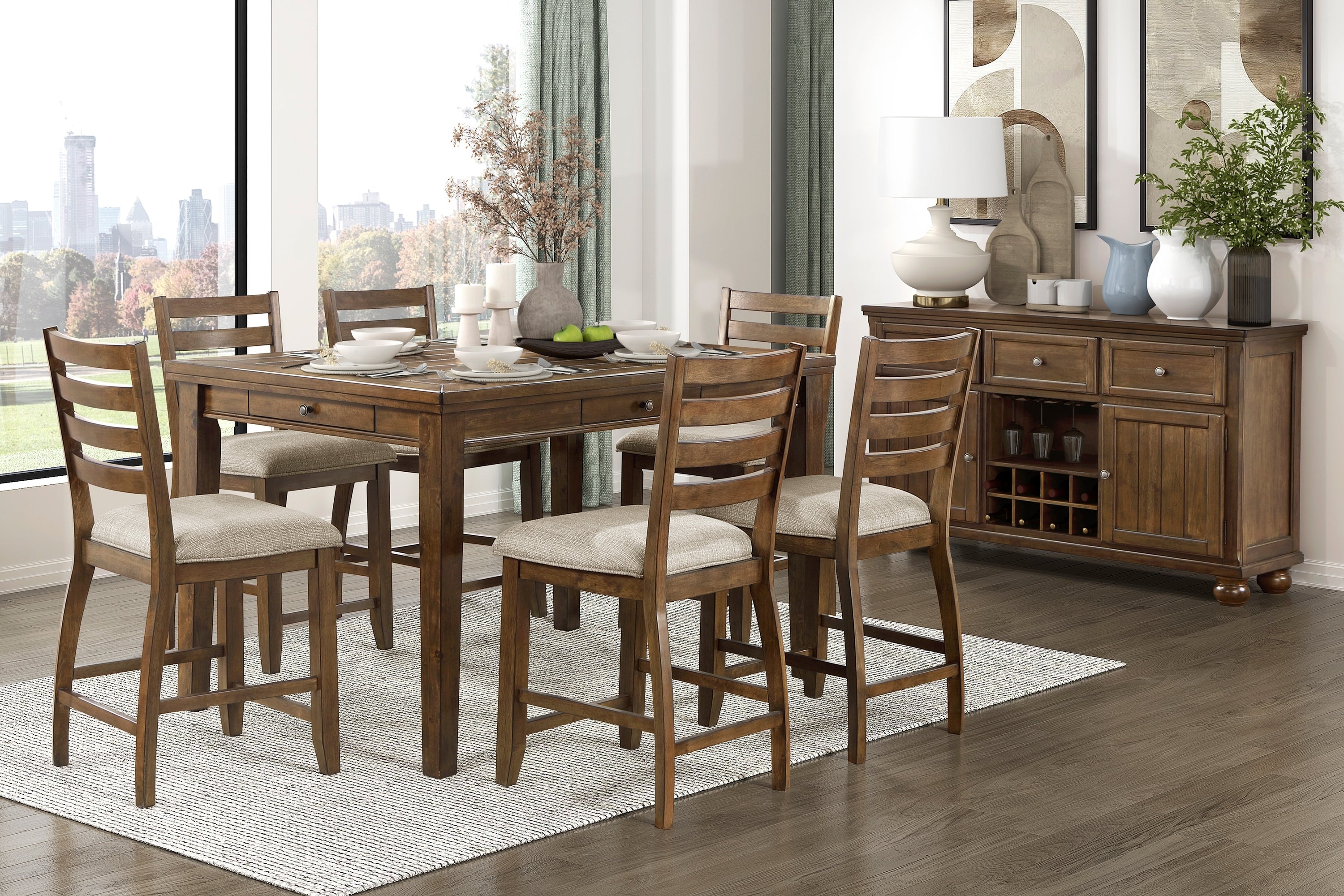 2-Piece Counter Height Chairs Set - Traditional Cherry Finish Wood Frame with Beige Upholstery - Bar Stools for Kitchen Island, Breakfast Nook & Dining Room Furniture