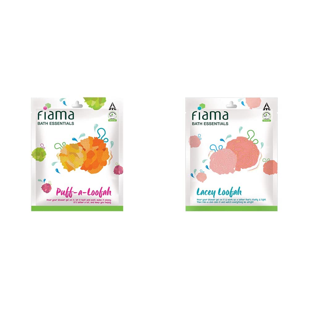 Fiama Bath Essentials Puff-A-Loofah & Lacey Loofah Set - Exfoliating Body Scrubber for Shower & Spa (Color May Vary) - Perfect for Daily Skincare Routine & Gift Sets