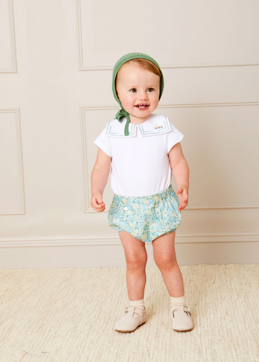 Green Train Embroidery Statement Collar Short Sleeve Baby Bodysuit (3 Months-2 Years) - Perfect for Playdates, Photo Shoots & Everyday Wear