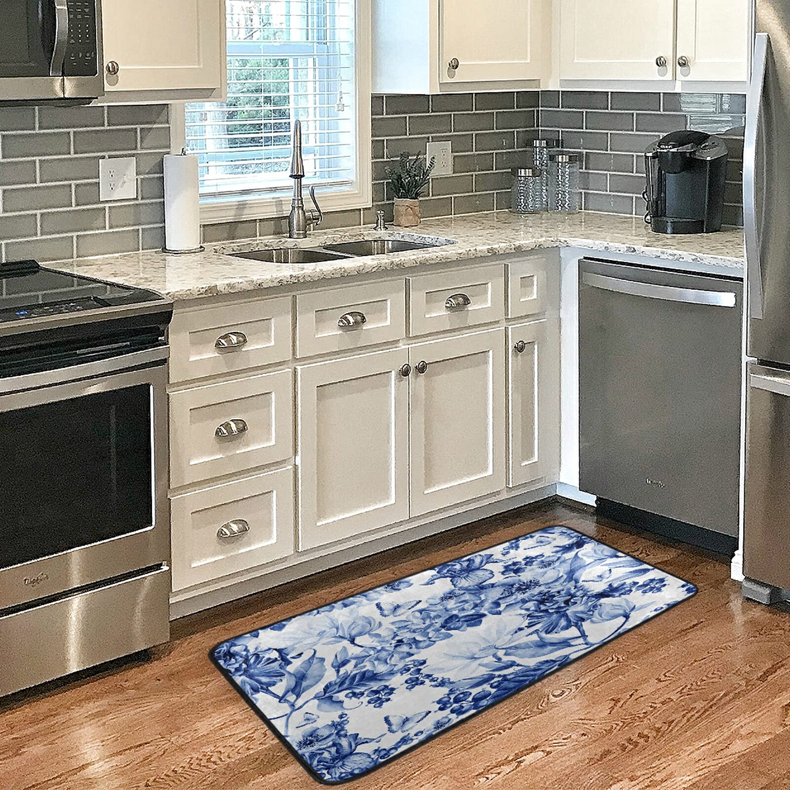 Non-Slip Washable Kitchen Rugs - Absorbent Blue Floral Mats for Sink Area, Farmhouse & Bathroom Use