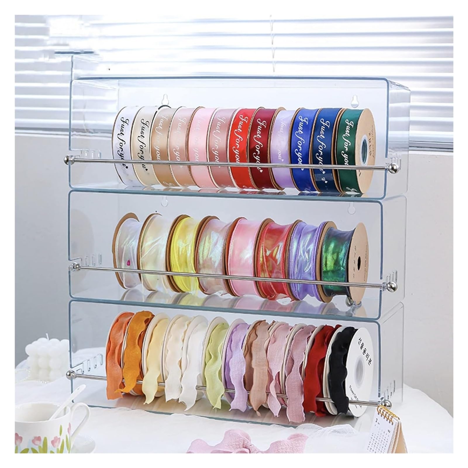 Acrylic Clear Wall Mount Ribbon Holder - Large Ribbon Storage Organizer with Spool Dispenser for Crafts, Florist & Gift Wrapping - Perfect for Retail Stores, Cake Shops & Bedroom Decor (47.5x19x20cm/18.7x7.5x7.9in) - Ideal for Organizing Ribbons, Yarn & Craft Supplies