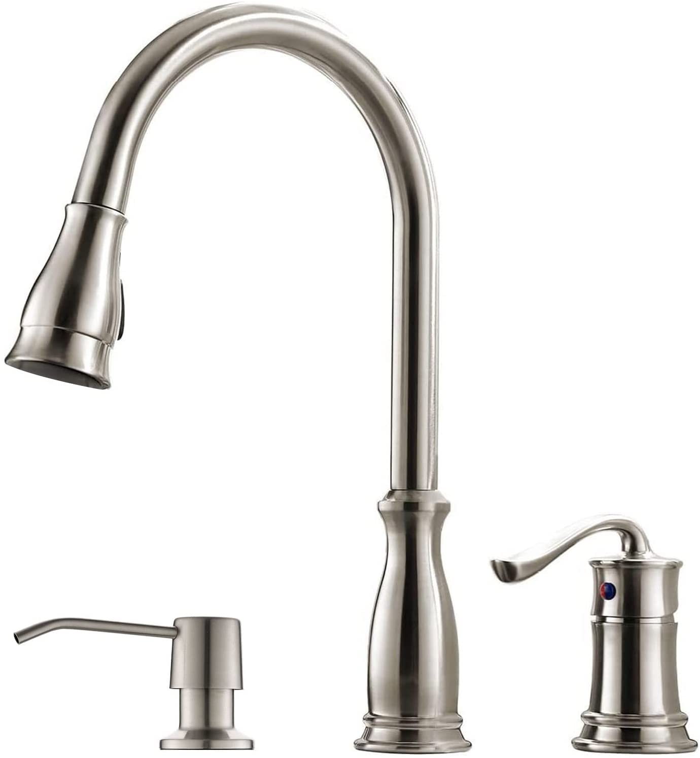 **APPASO Brushed Nickel Pull Down Kitchen Faucet with Sprayer - 3 Hole & 2 Hole Installation, Single Handle with Soap Dispenser (Model APS218BN) - Perfect for Modern Kitchens & Sinks**