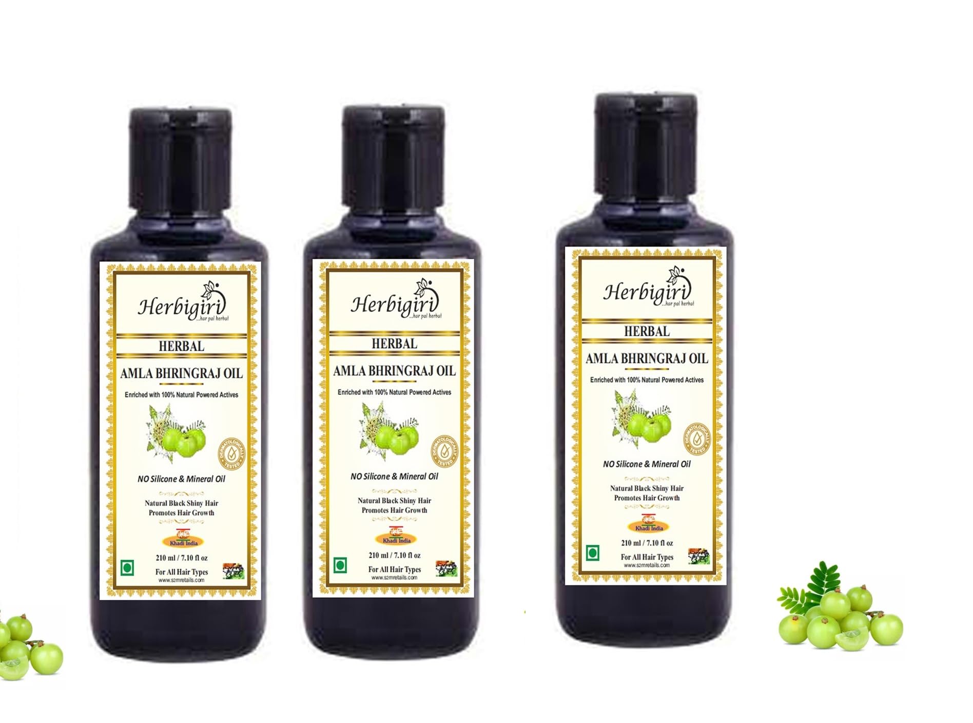Herbigiri Herbal Amla Bhringraj Hair Oil - 630ml (Pack of 3) | Natural Hair Growth Treatment for Dry, Damaged Hair | Promotes Thickness & Shine - Perfect for Daily Hair Care & Scalp Massage