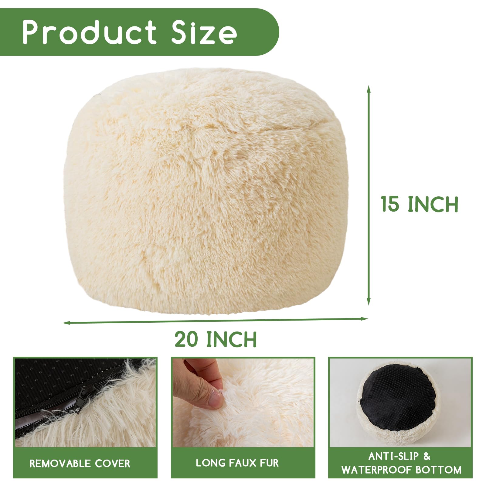 MAXYOYO Round Stuffed Pouf Ottoman - Long Faux Fur Footrest with Foam Chunk Filling, Beige - Perfect for Living Room, Bedroom & Nursery Decor
