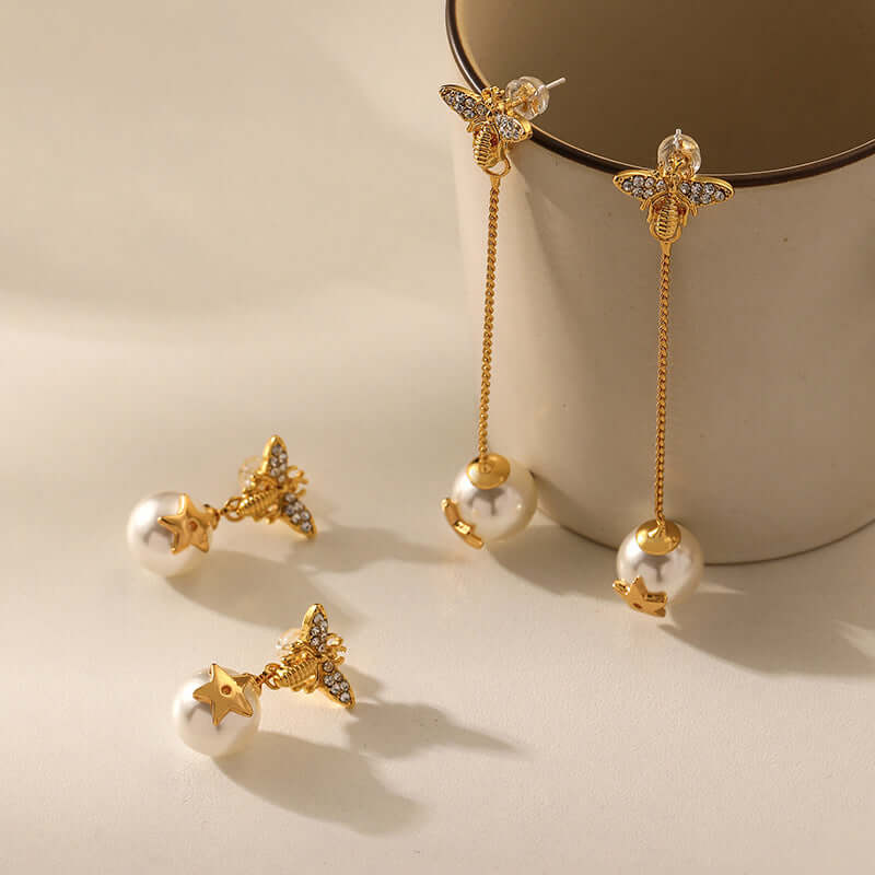 Dainty Bumble Bee Pearl Drop Earrings for Women - Elegant Gold Plated Dangle Earrings with Freshwater Pearls | Perfect for Weddings, Parties & Everyday Wear (DMS271)