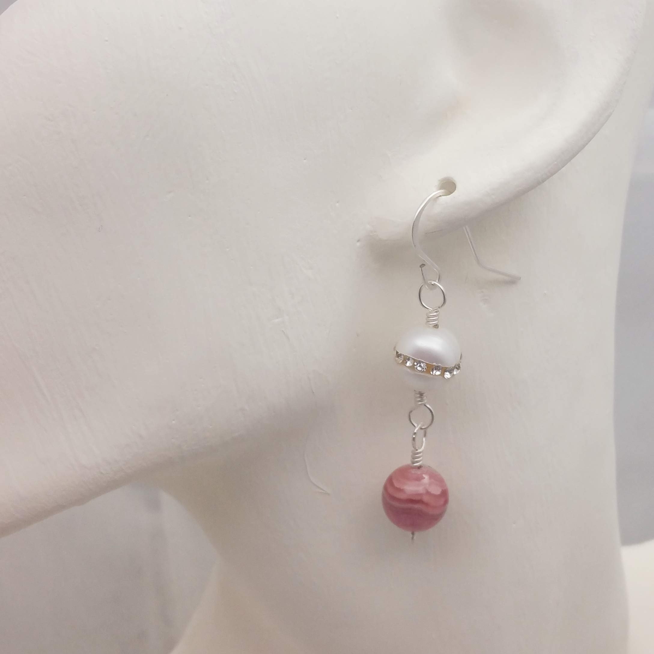 Rhodochrosite and Pearl Sterling Silver Earrings – Elegant Dangle Earrings for Women, Perfect for Weddings, Parties & Special Occasions