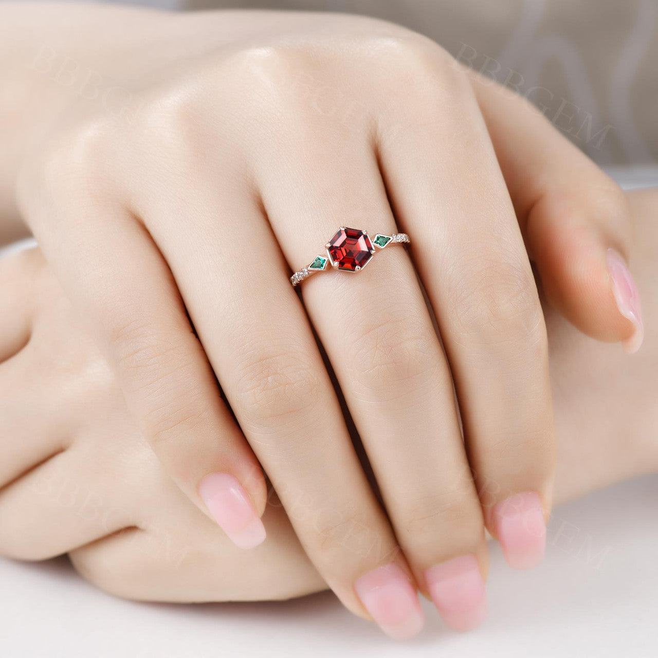 Unique Hexagon Garnet and Emerald Engagement Ring - Bezel Set Rose Gold Wedding Band for Women - Perfect for Proposals, Anniversaries, and Special Occasions