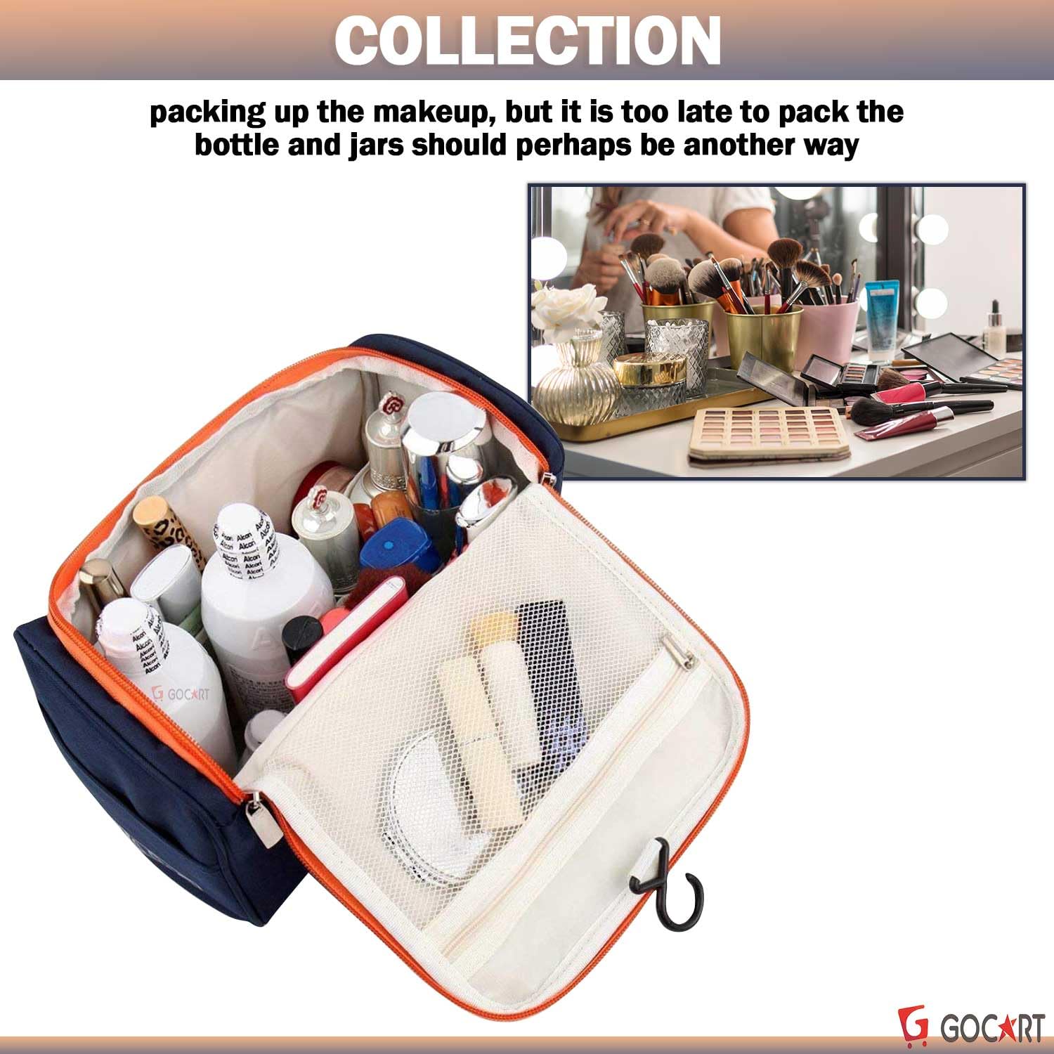 GOCART WITH G LOGO Portable Mini Hanging Travel Makeup Organizer - Waterproof Cosmetic Bag for Women, Blue & Orange - Perfect for Travel, Gym & Daily Use