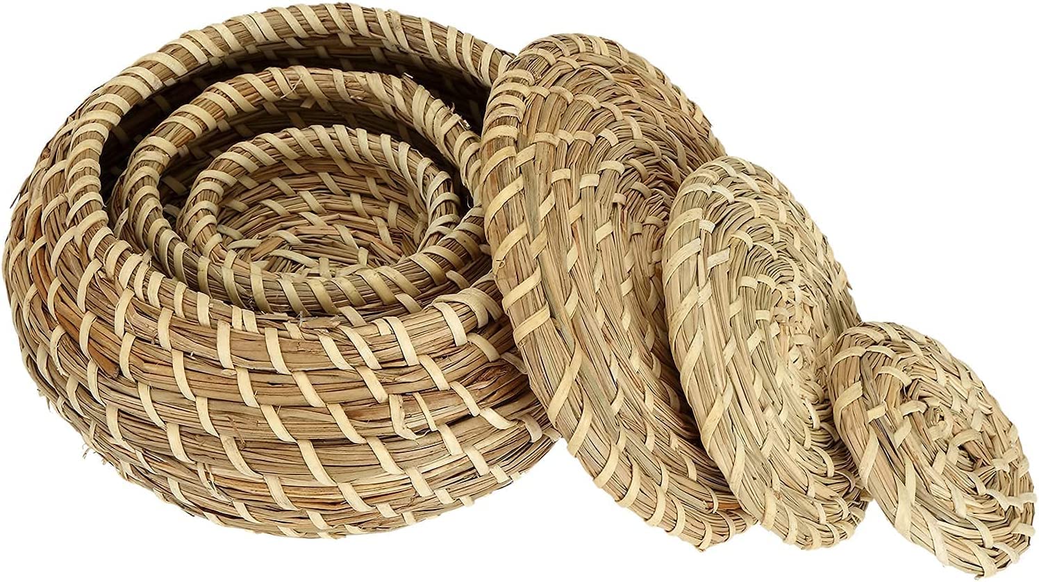 Dicunoy Set of 3 Small Wicker Baskets with Lid - Round Woven Seagrass Storage Baskets, Handmade Rattan Organizer for Home Decor, Bathroom, Shelf & Vanity | Perfect for Jewelry, Cotton Balls & Small Essentials