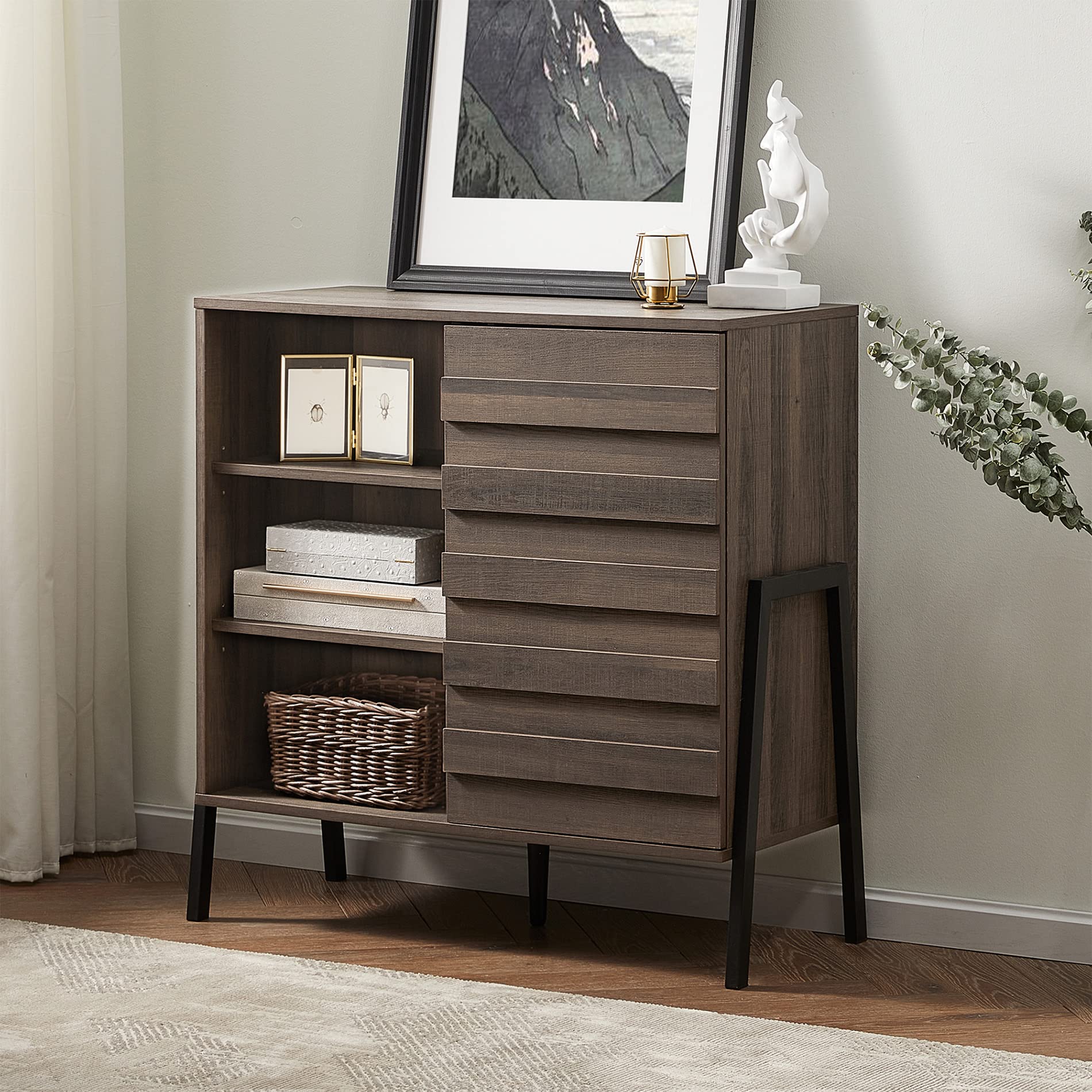 WAMPAT Modern Storage Cabinet - Multipurpose Cupboard with Open Shelves & Closed Compartments, Industrial Style Side Console Table for Kitchen, Living Room, Bedroom - Cool Rustic Brown | Perfect for Home Organization & Stylish Storage Solutions