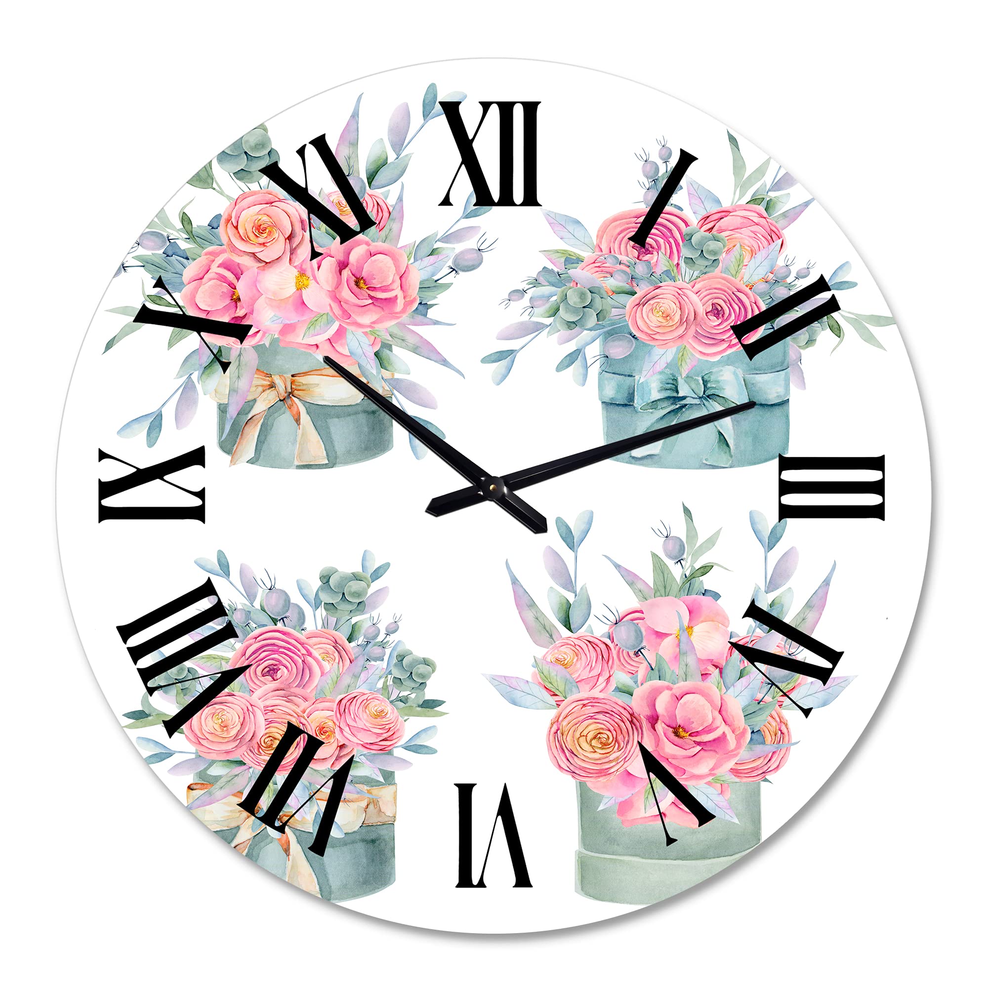 Farmhouse Wall Clock with Pink Roses - Large Floral Botanical Wall Decor for Kitchen, Living Room, Bedroom | Perfect for Home, Office & Gift Giving