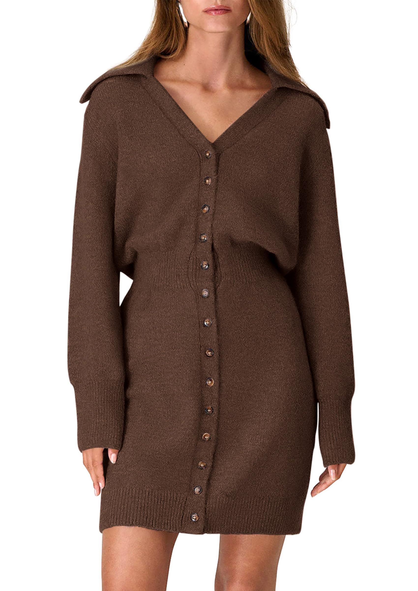 PRETTYGARDEN Women's Trendy 2025 Long Sleeve Button Down Sweater Dress - Spring Short Knit Dress for Casual Outings, Office Wear & Date Nights