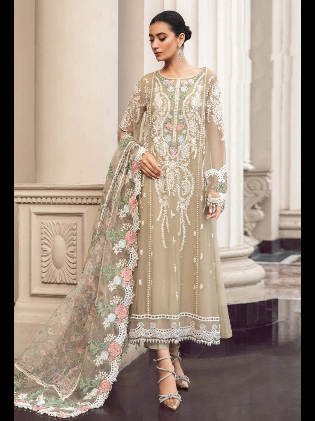 Elegant Beige Traditional Designer Semi-Stitched Pant Suit with Exquisite Embroidery - Perfect for Weddings, Parties & Special Occasions