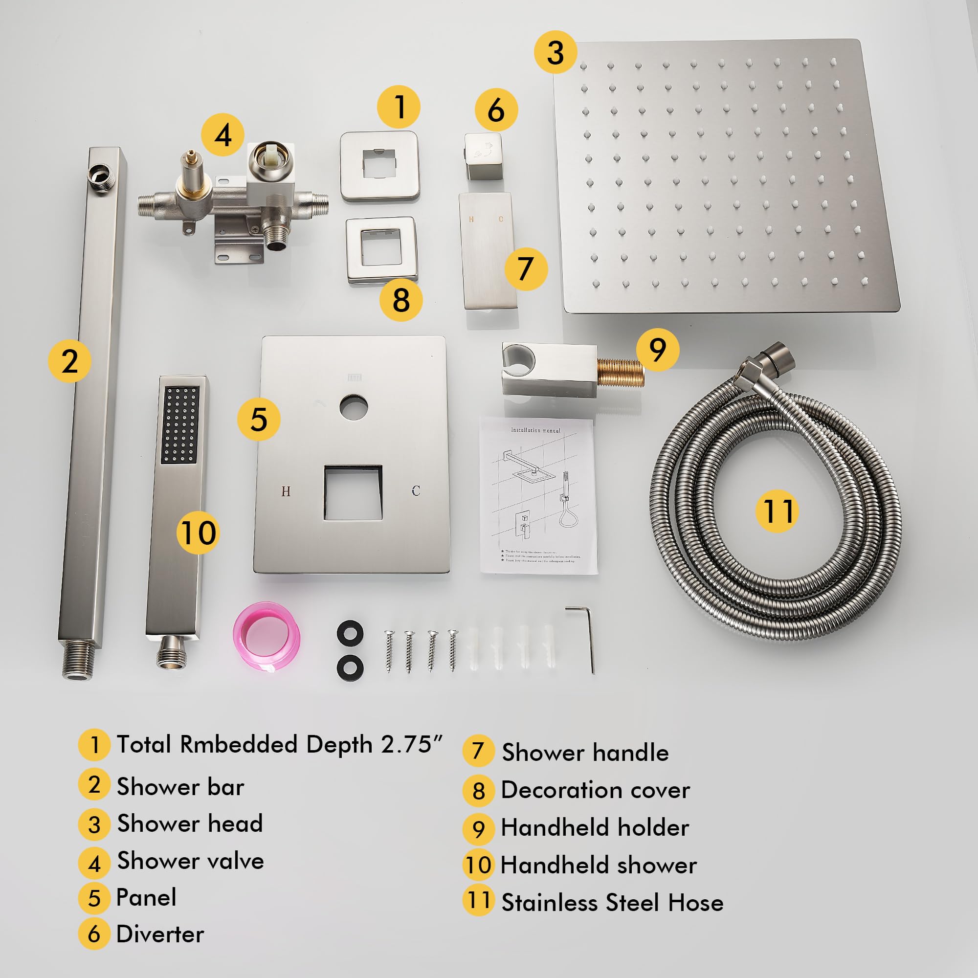 Fransiton 10 Inch Brushed Nickel Wall Mount Rain Shower System Set with Handheld Shower Head - Complete Bathroom Shower Kit (Includes Valve) for Luxurious Spa-Like Experience at Home