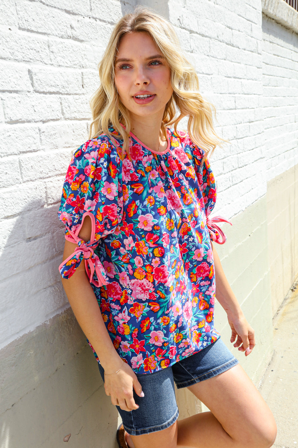 Elegant Navy Floral Print Ribbon Bow Tie Blouse for Women | Office Wear & Special Occasion Outfit
