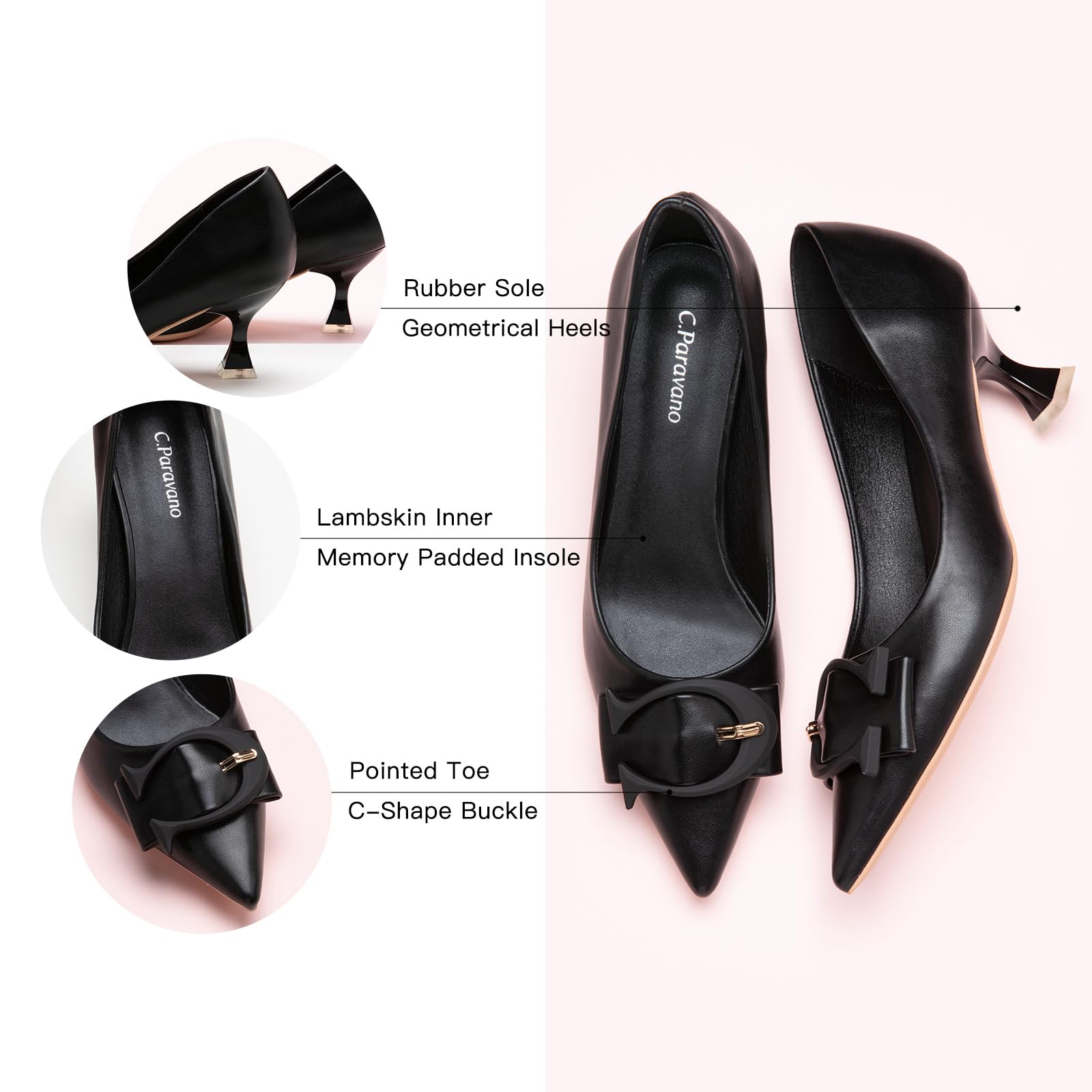 C.Paravano Women's Low Heel Leather Pumps - Designer Kitten Heels for Work, Office & Special Occasions | Comfortable Short Heels for Women