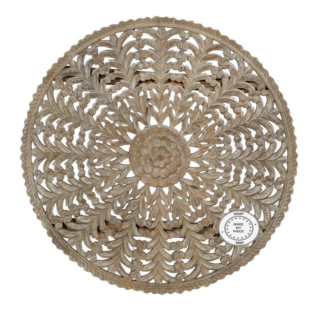 Hand Carved Indian Solid Wood Round Wall Rosette Panel - Decorative Wooden Wall Art for Living Room, Bedroom, and Home Decor