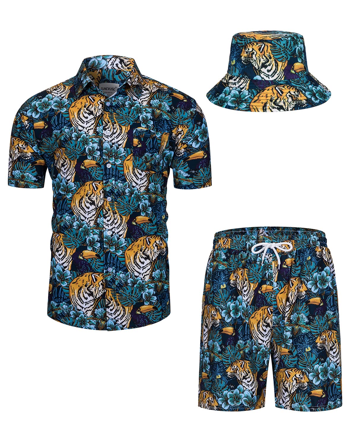 TUNEVUSE Men's Hawaiian Shirts and Shorts Set - 2 Piece Tropical Beach Outfit with Floral Print & Bucket Hat | Summer Vacation Wear for Pool Party, Luau, Cruise & Island Getaway