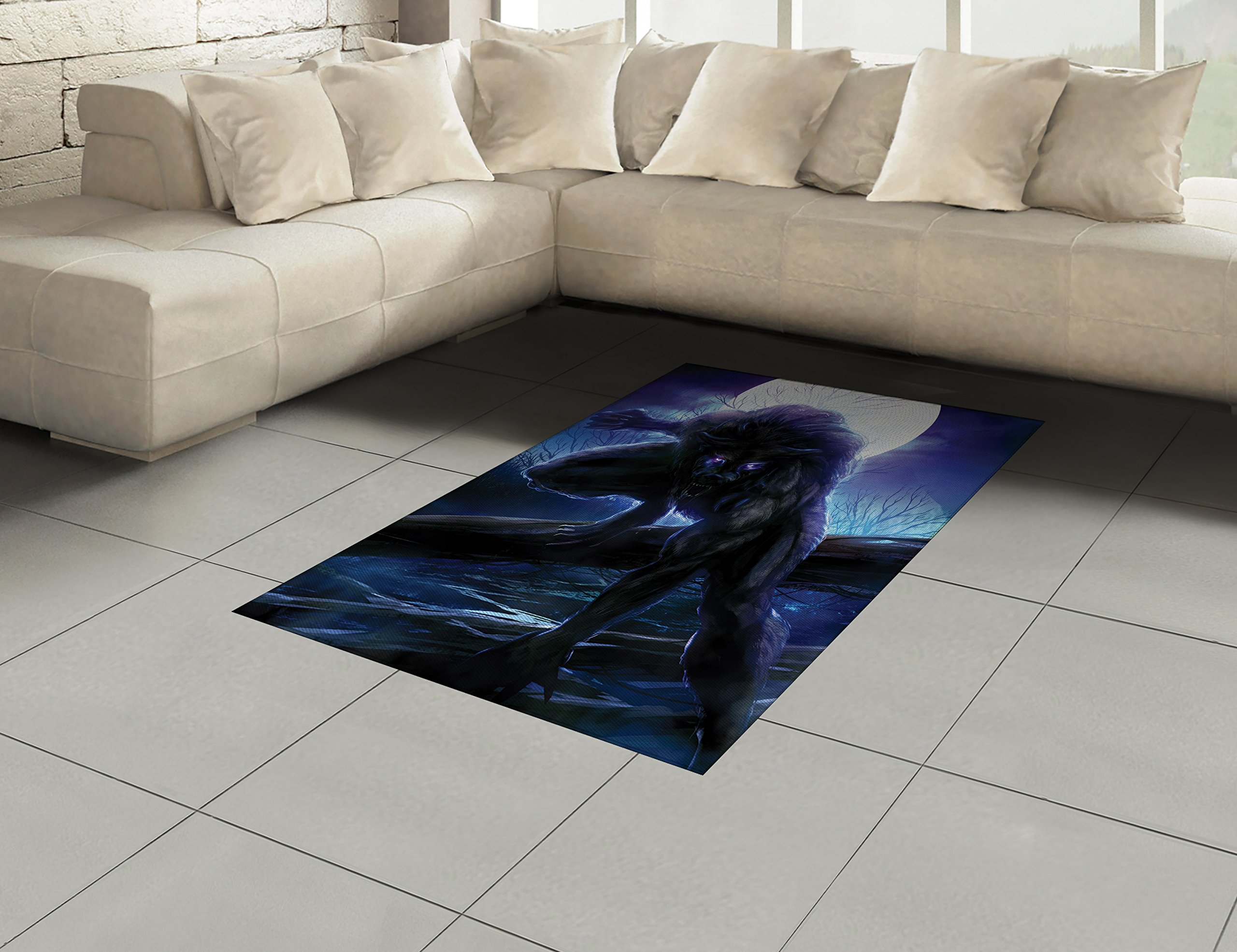 Ambesonne Fantasy World Area Rug - Surreal Werewolf with Electric Eyes in Full Moon Transformation, Folkloric Flat Woven Accent Rug, 4' x 5'7