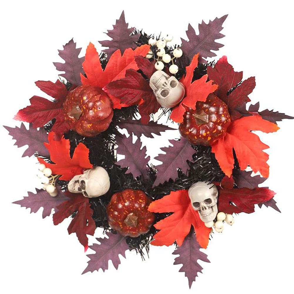Halloween Wreath with Maple Leaf Garland & Pumpkin Pendant - Skull Simulation Door Hanging Wreath for Fall Decor - Perfect for Front Door, Porch, and Halloween Party Decorations