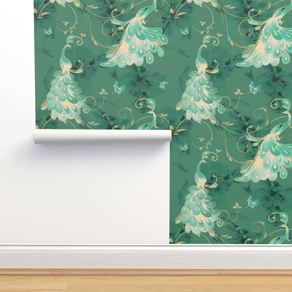 Premium Commercial Grade Wallpaper 27ft x 2ft - White Peacock & Elegant Green Traditional Peel & Stick Wallpaper for Living Room, Bedroom, Office Decor by Spoonflower