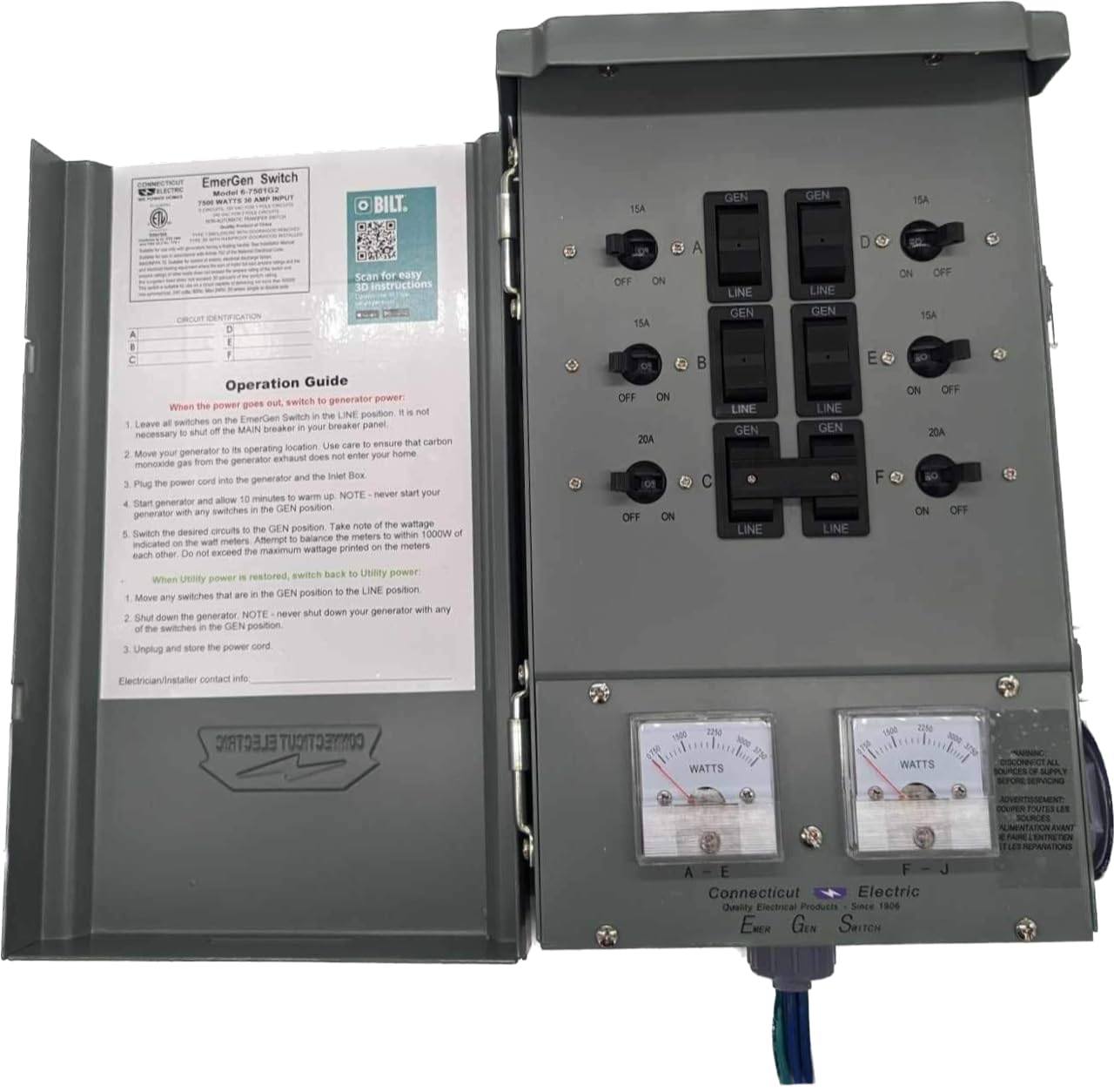 Connecticut Electric EmerGen 30 Amp 6-Circuit 7500W Transfer Switch - Backup Power Solution for Home & RV Emergency Use
