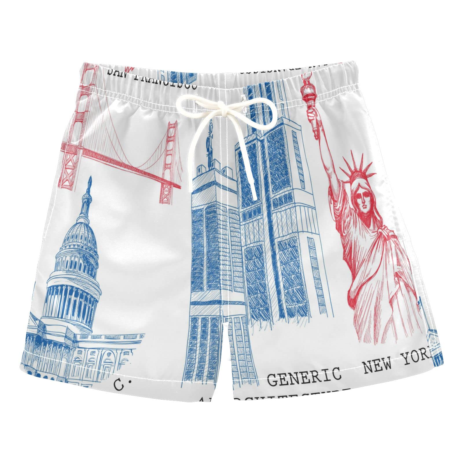 AMICHIC Boys' Quick-Dry Swim Trunks for Toddlers & Kids 2-8 Years - Fun Places of Interest Design, Comfortable Bathing Suits for Beach, Pool & Summer Water Play