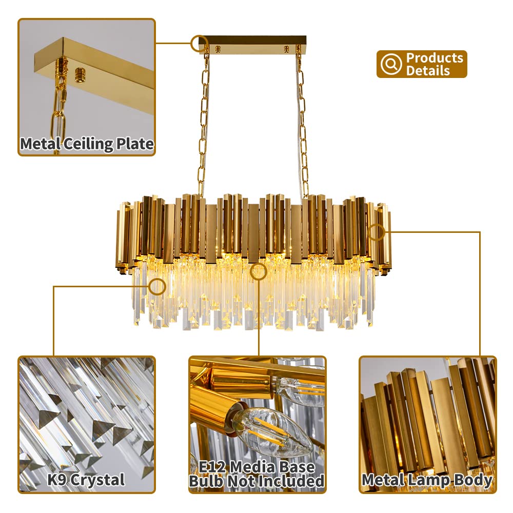 WABON Modern Crystal Chandelier - Gold Raindrop Rectangle Ceiling Light Fixture for Living Room, Dining Room & Kitchen Island | Antique Gold Finish | Elegant Lighting for Home Decor, Wedding Venues & Luxury Spaces