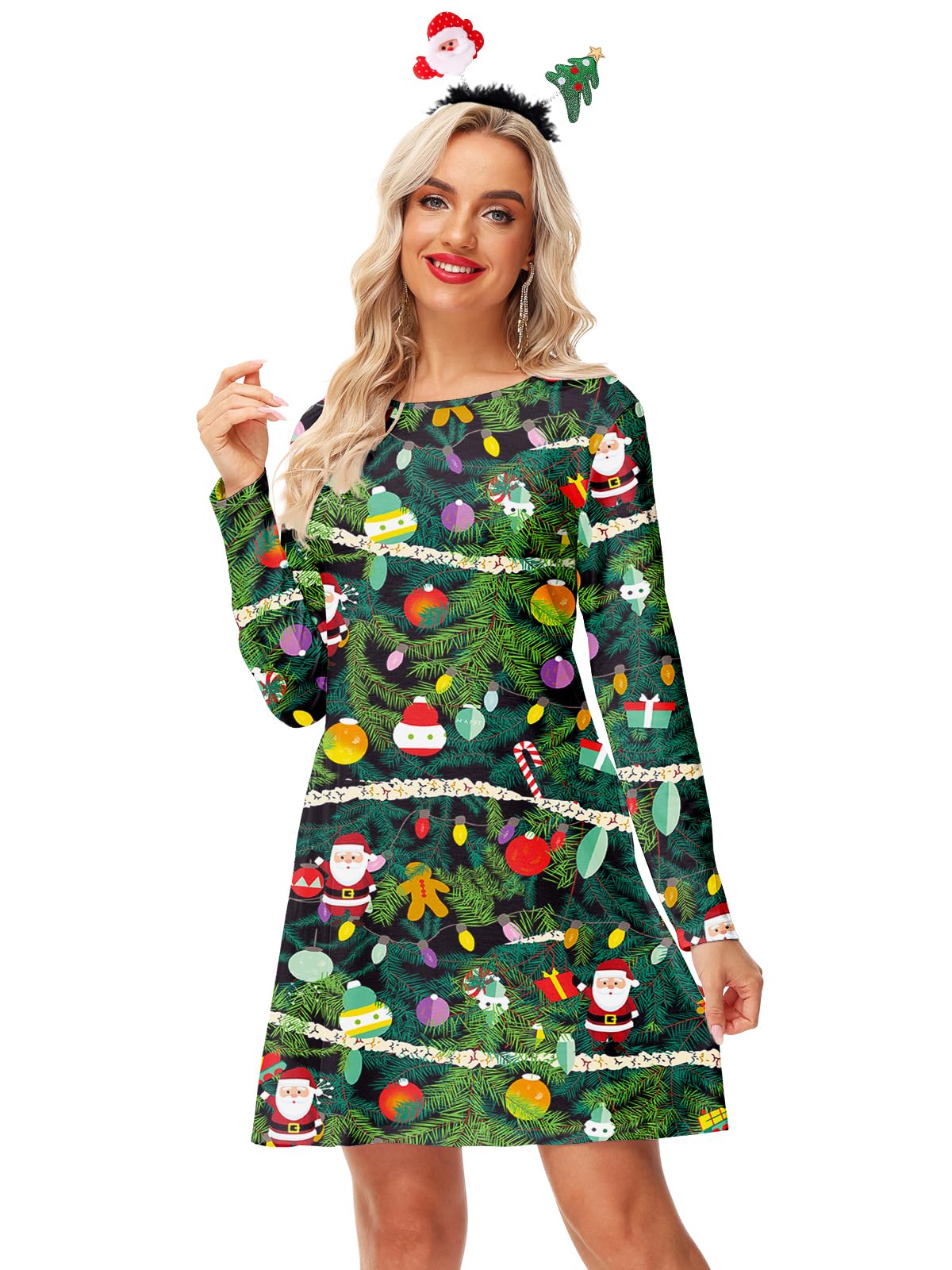 Festive Christmas Tree Print Women's Party Dress - Long Sleeve Winter Holiday Ugly Sweater Dress Size 2XL for Xmas Parties, Family Gatherings & Ugly Sweater Contests