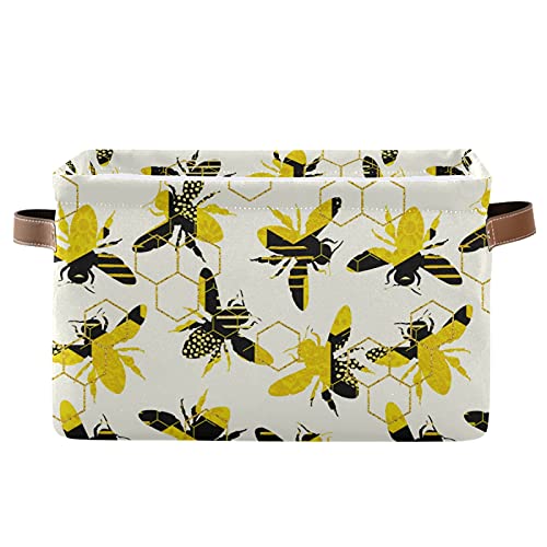 Collapsible Storage Basket with PU Handles - Bees & Abstract Geometric Design, Waterproof Nursery Laundry Organizer (1 Pack) | Perfect for Baby Room, Bathroom & Closet Organization
