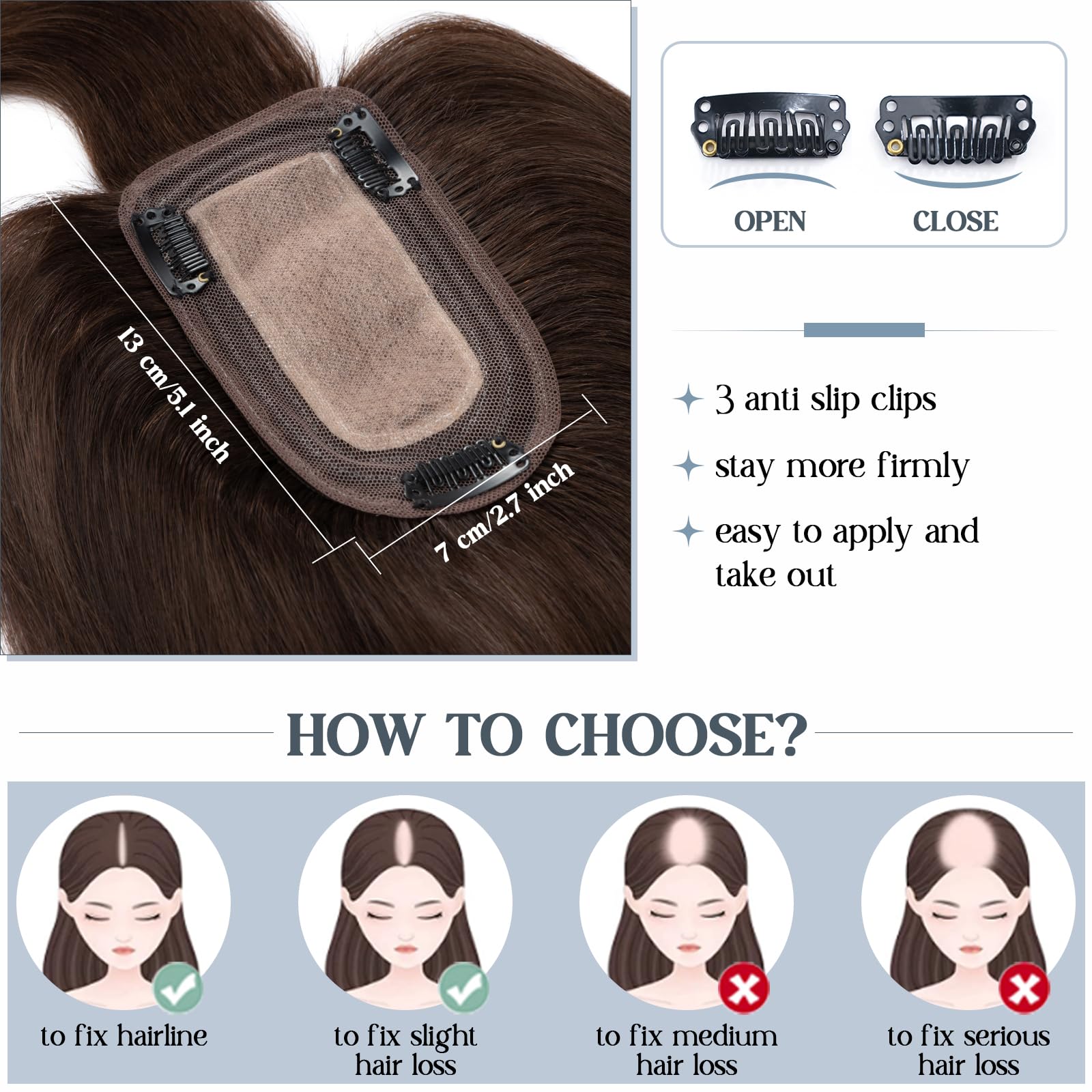 Premium Benehair Clip-In Hair Toppers for Women - 12 Inch #2 Dark Brown 150% Density Remy Human Hair with Bangs (7x13cm Silk Base) - Natural Solution for Thinning Hair | Perfect for Daily Wear, Special Occasions & Styling