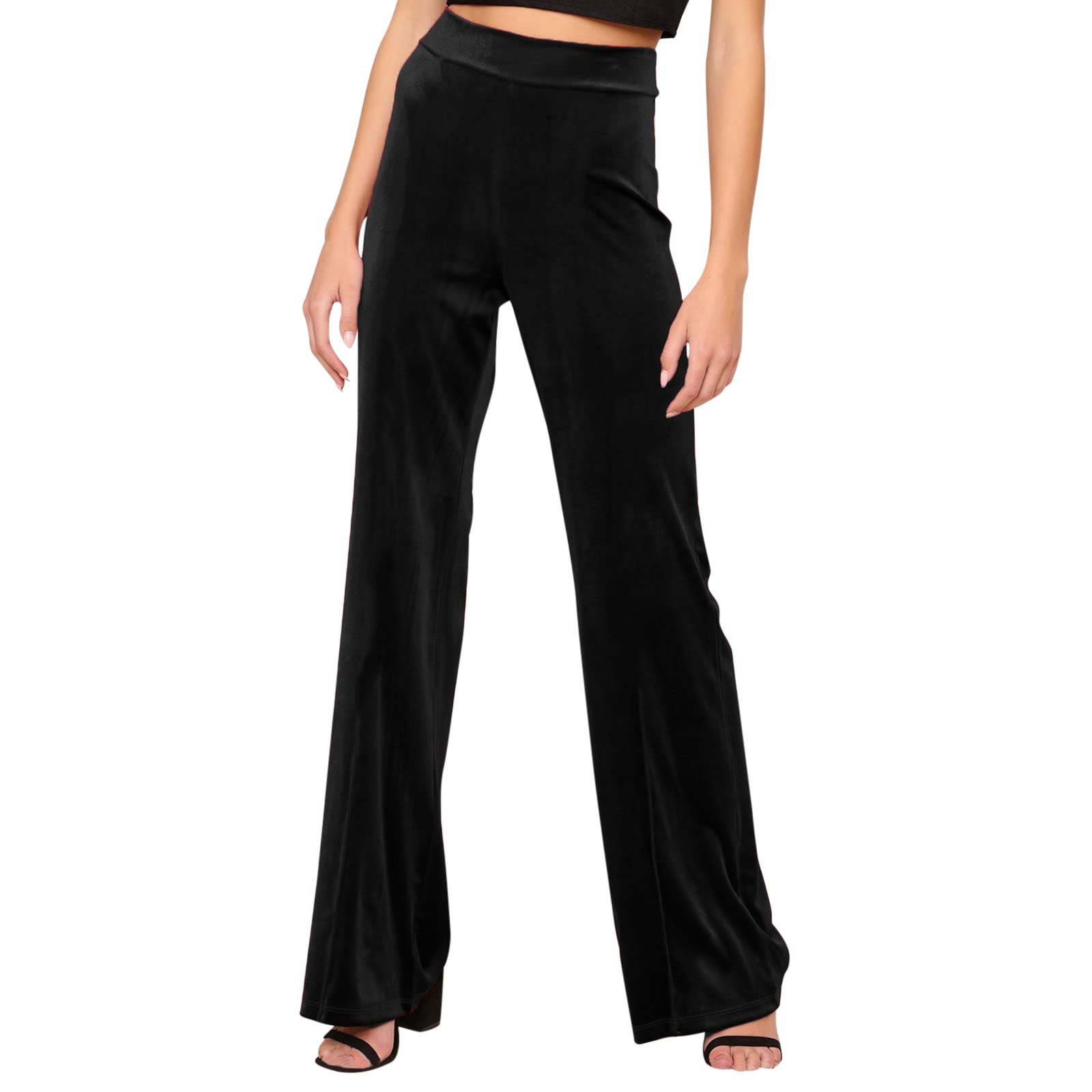 Usuming Women's Velvet High Waist Wide Leg Palazzo Pants - Soft Stretchy Flare Trousers for Work, Office & Casual Outfits