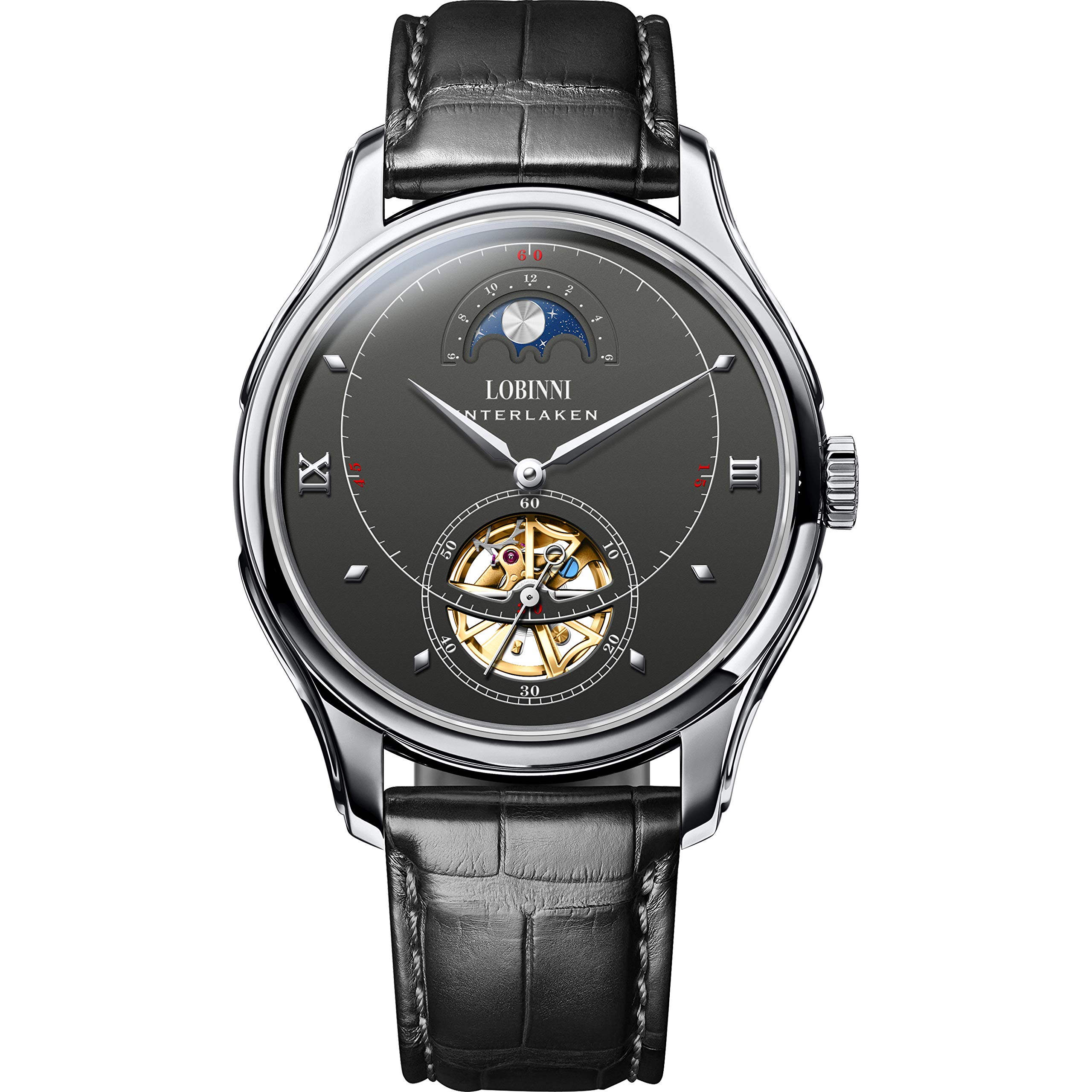 LOBINNI Men's Automatic Skeleton Dress Watch - Luxury Self-Winding Mechanical Wristwatch with Day/Night Indicator, 50m Waterproof - Perfect for Business, Formal Events & Everyday Wear