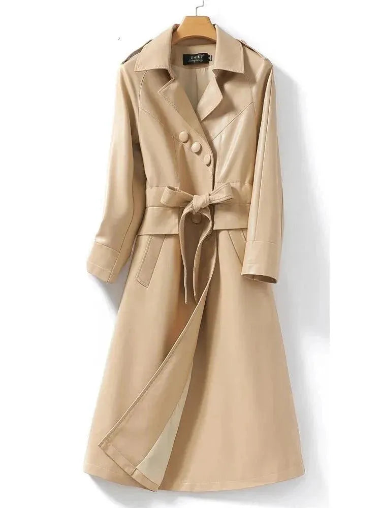 Women's Long Belted Leather Overcoat - Classic Trench Coat with Adjustable Waist for Fall & Winter | Perfect for Office, Travel & Formal Occasions
