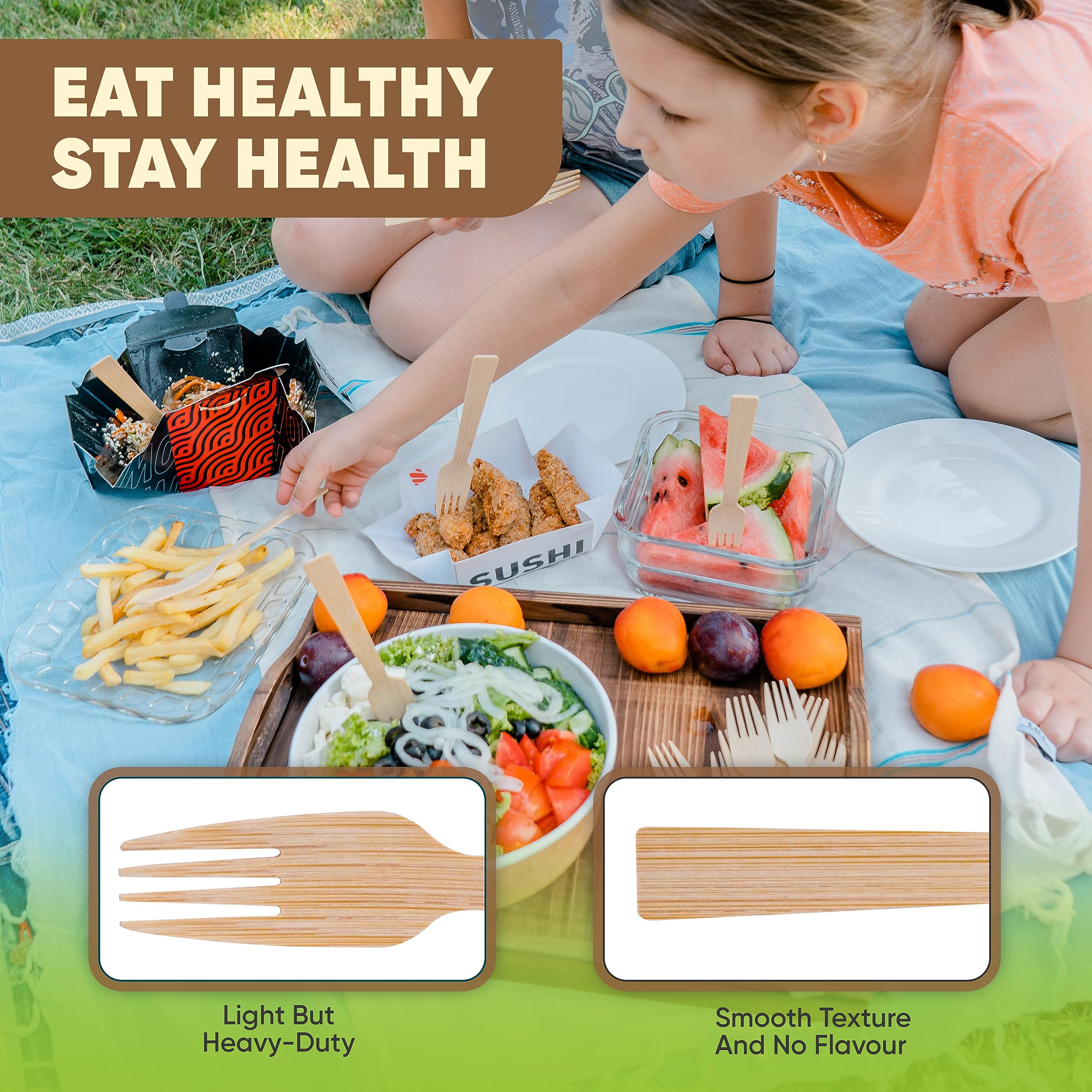Eco-Friendly Disposable Bamboo Forks 120-Pack | 6.7