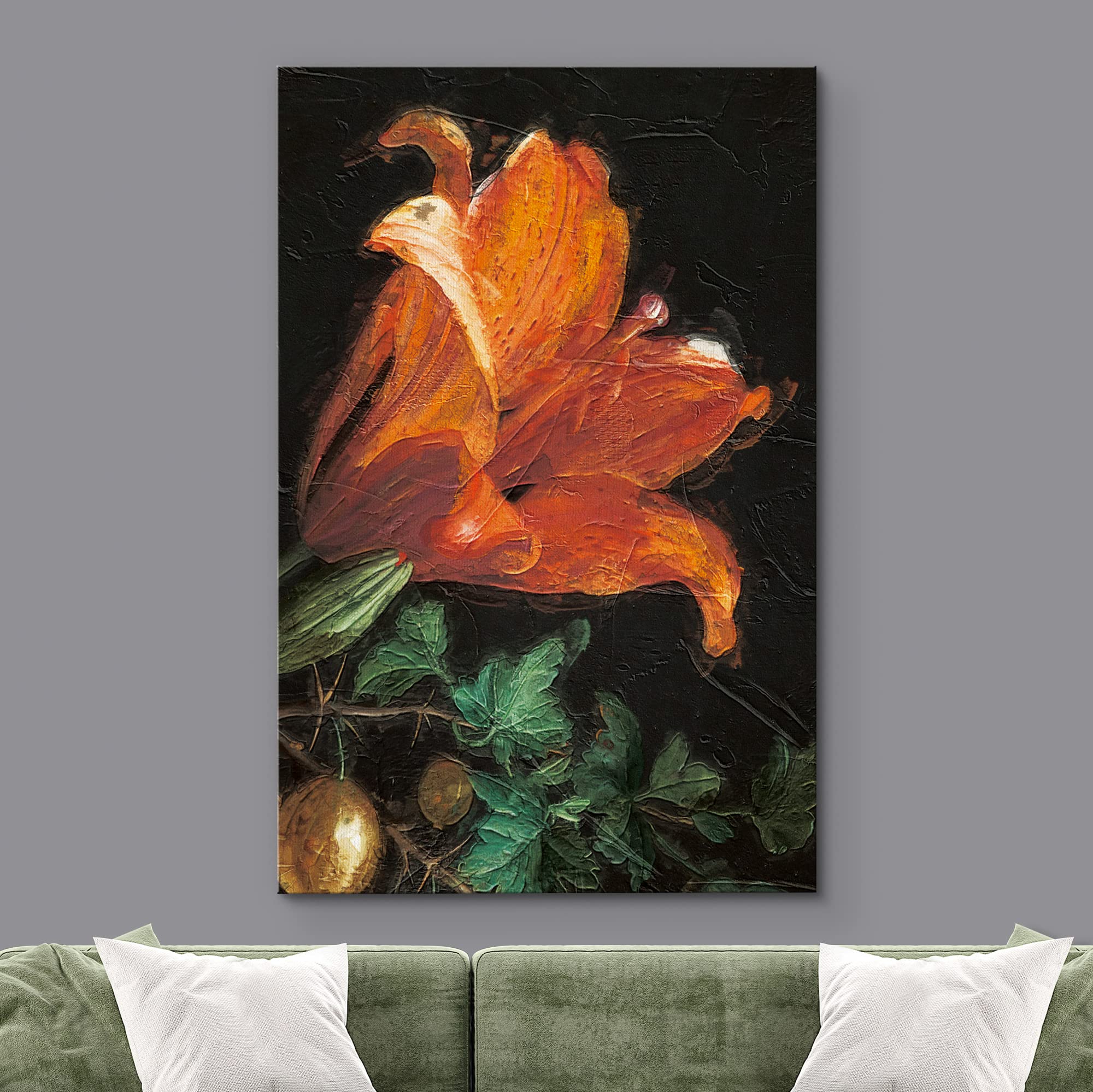 Orange Asiatic Lily Floral Canvas Wall Art - 32x48 Inch Impressionist Oil Painting for Living Room, Bedroom & Office Decor | Vibrant Close-Up Flower Painting | Romantic Home & Workspace Wall Decor