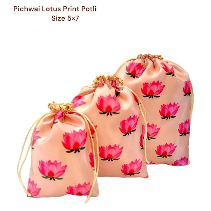 GoldGiftIdeas Pichwai Lotus Print Potli Bag - Elegant Indian Gift Bags for Chocolates, Wedding Favors & Party Decor (18x13cm) | Perfect for Diwali Gifts, Bridal Shower Favors & Festival Celebrations