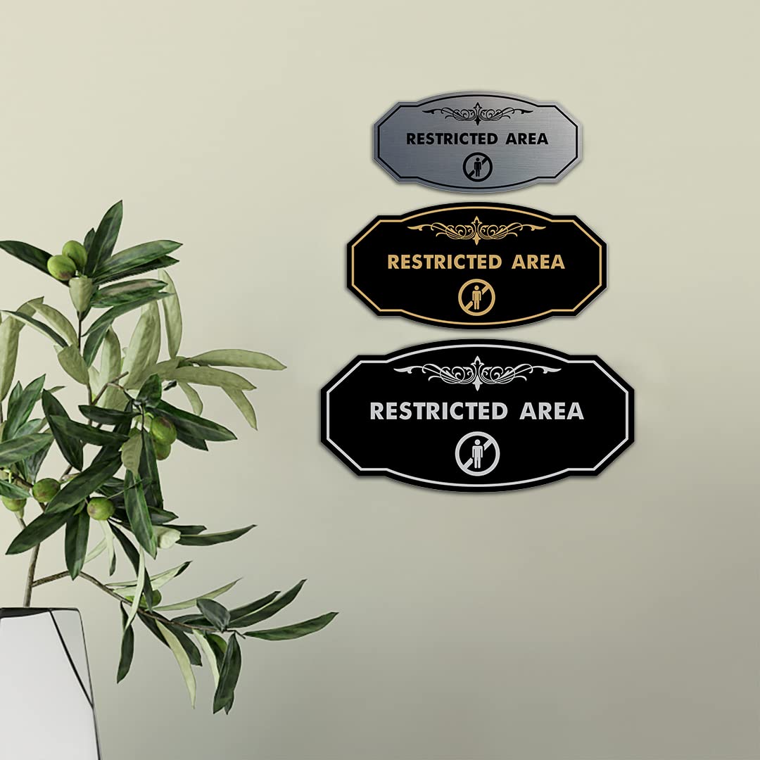 Victorian Restricted Area Sign (Black) - Small Metal Warning Sign for Construction Sites, Private Property & No Trespassing Areas