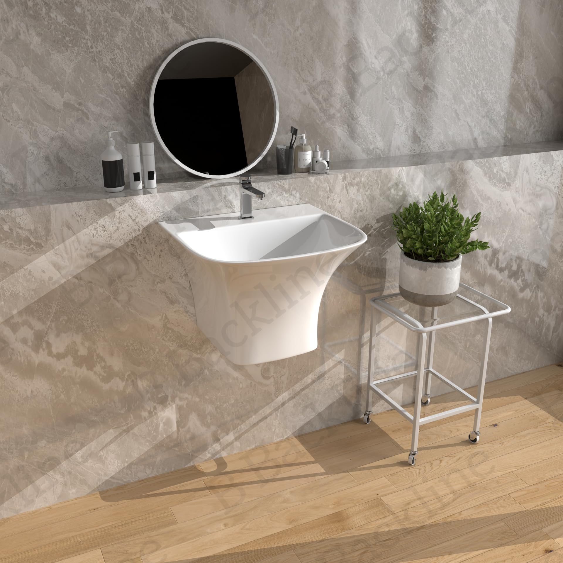 B BACKLINE 19 x 17 x 13 Inch White Ceramic Wall Mount Vessel Sink - Modern Half Pedestal Bathroom Basin for Vanity, Powder Room & Guest Bath - Easy to Clean Wall Hung Wash Basin for Contemporary Homes