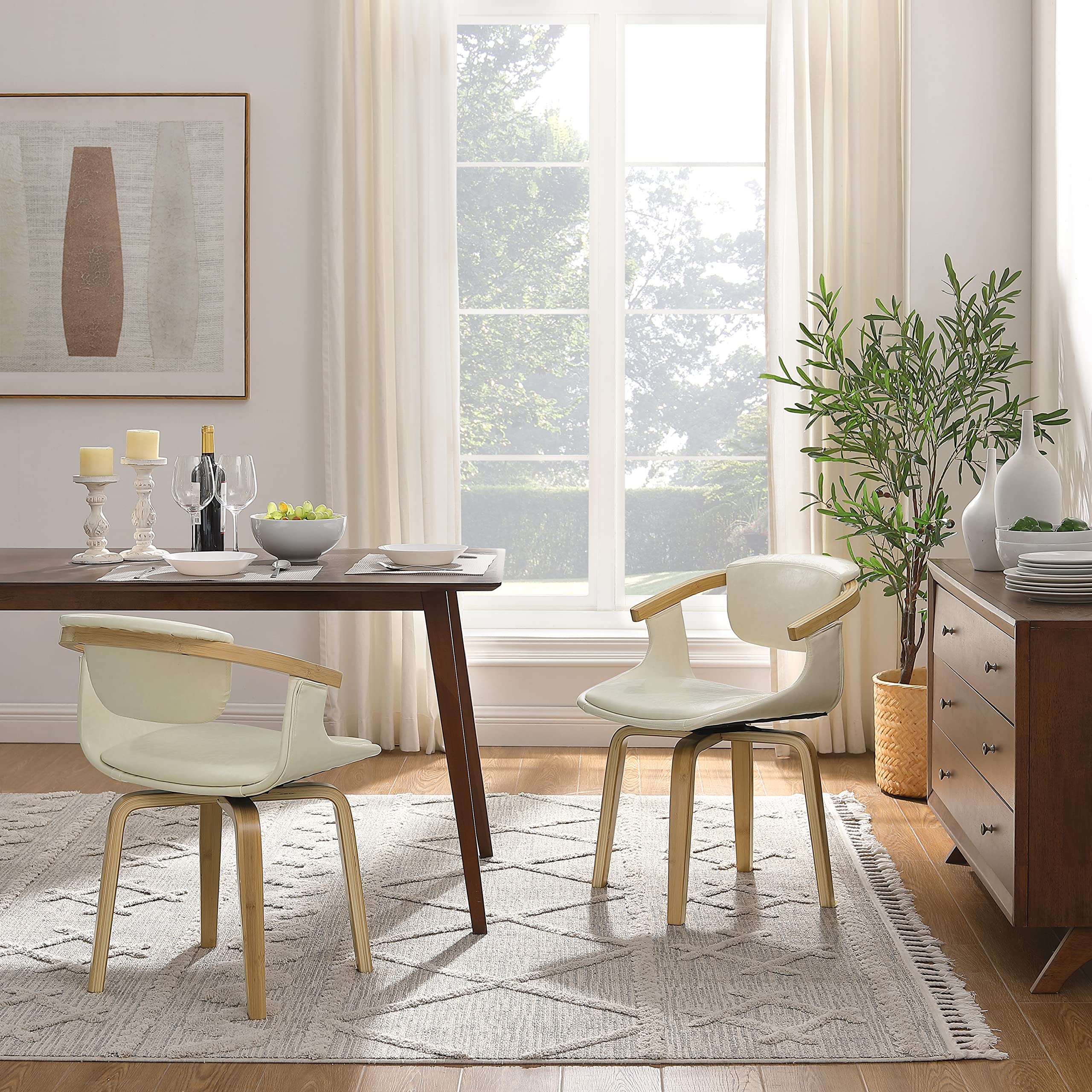 Art Leon Mid Century Modern Swivel Dining Chairs Set of 2 - Faux Leather Kitchen & Dining Room Arm Chairs, Sturdy Desk Chairs Without Wheels in Off White - Perfect for Home Office, Breakfast Nook & Small Space Dining