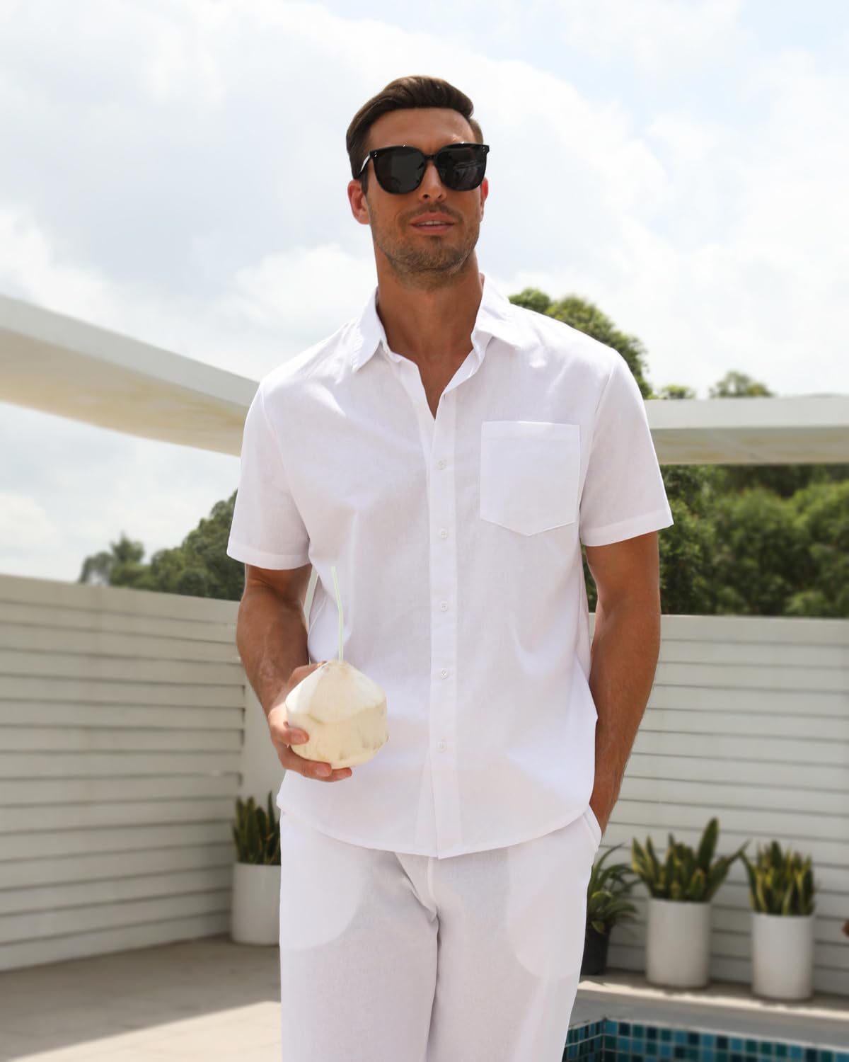 Men's 2-Piece Linen Outfit Set - Casual Button Down Shirt & Yoga Pants for Summer, Beach Weddings & Relaxation | Breathable Matching Suit for Outdoor Activities & Yoga