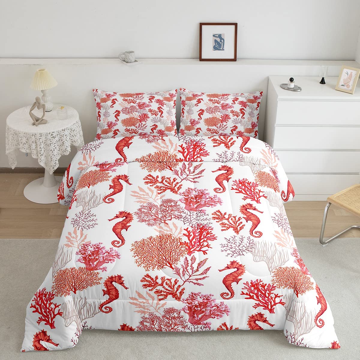 **Pink Coral Seahorse Comforter Set for Teens - Twin Size 2-Piece Ocean Theme Quilted Duvet Set with 1 Comforter & 1 Pillowcase - Marine Life Bedding for Kids Room Decor - Perfect for Beach-Themed Bedrooms & Nautical Nursery Decor**