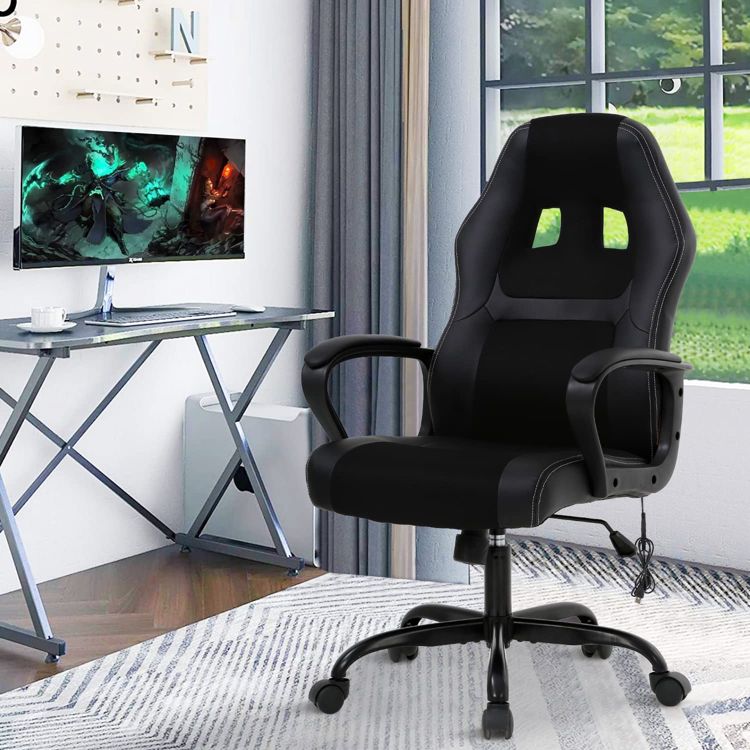 Ergonomic Gaming Chair for Adults - Adjustable Racing Office Chair with Lumbar Support & Armrests - Reclining Computer Task Chair for Video Games & Work - Black (Perfect for Home Office, Gaming Setup & Esports)