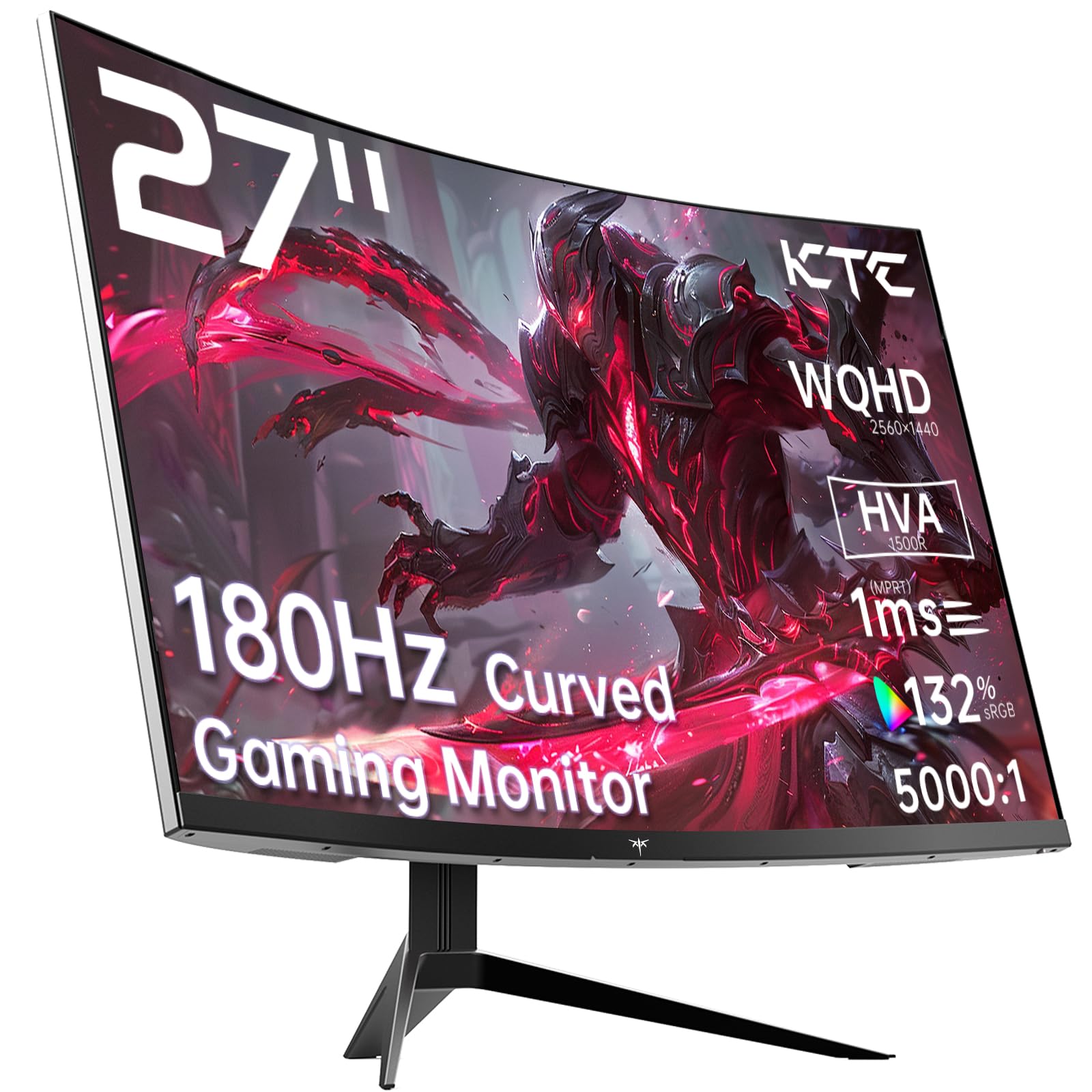 27 Inch WQHD 180Hz 1ms Curved Gaming Monitor - 1440P 144Hz, 132% sRGB HVA Panel, FreeSync Premium, DisplayPort/HDMI/USB, VESA Mount - Perfect for PC & Console Gaming, Streaming & Esports (Includes DP Cable)