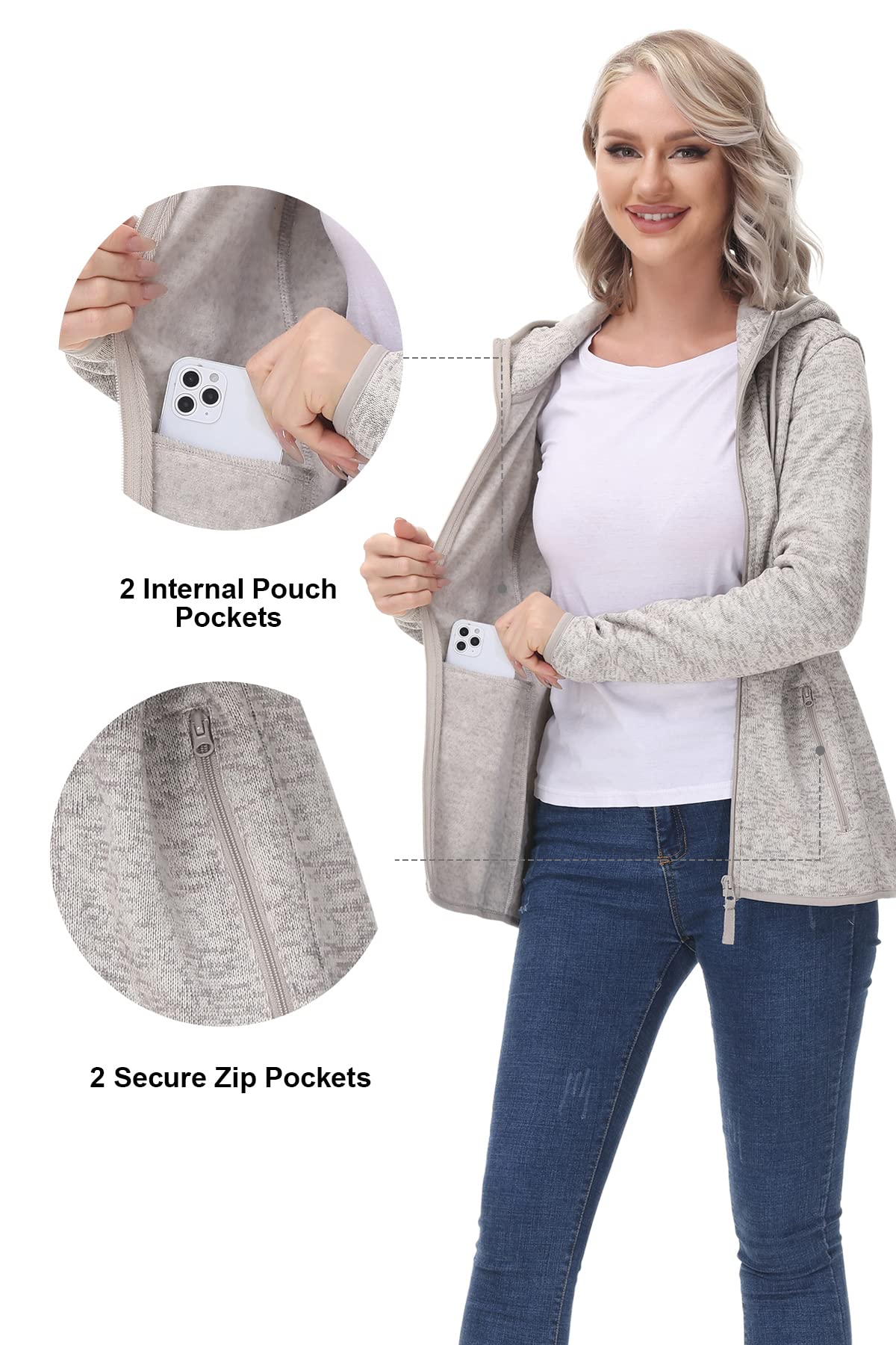 Women's Fleece-Lined Zip Up Sweater Jacket - Warm Knitted Cardigan with Pockets | Cozy Winter Outerwear for Casual Wear & Outdoor Activities