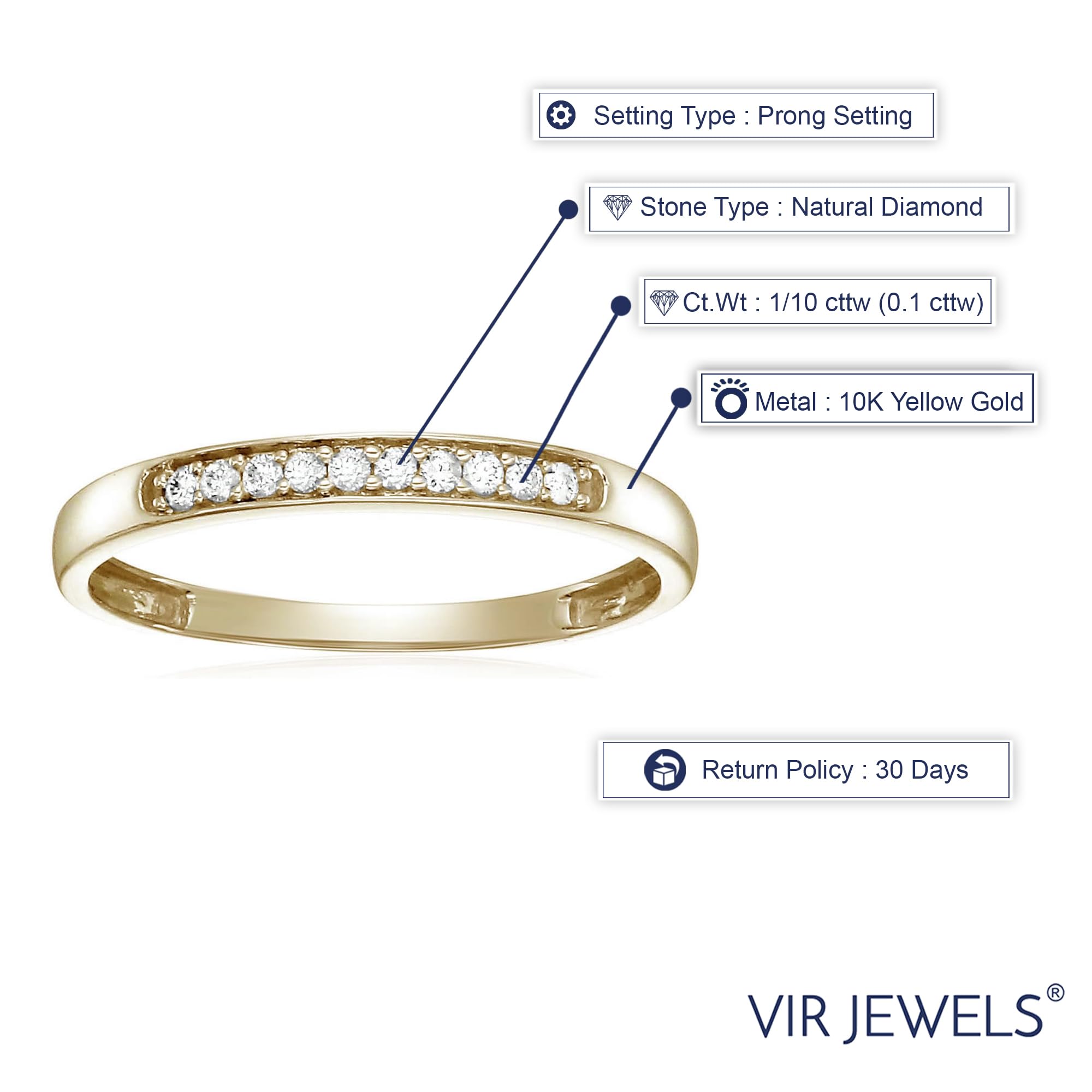 1/10 CTTW Diamond Wedding Band for Women - 10K Yellow Gold Engagement Ring with 10 Prong Set Stones (Size 4.5-10) - Perfect for Anniversary Gifts & Bridal Jewelry